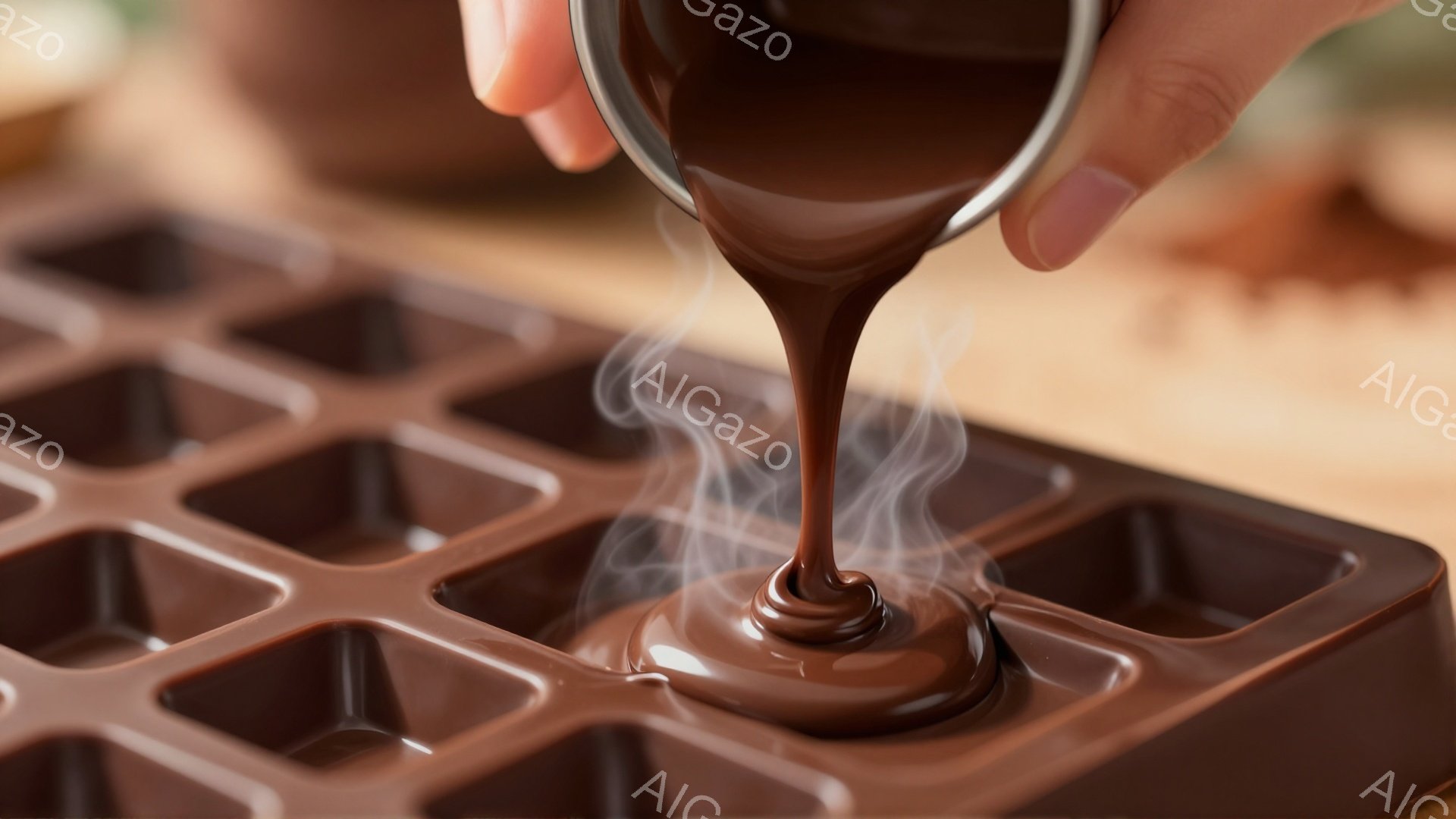 チョコレートが型に注がれている様子が写っています。温かいチョコレートからは湯気が立ち上り、茶色のチョコレートが四角い型の中に流れ込んでいます。背景は木製のテーブルで、温かく家庭的な雰囲気を醸し出してい - AI生成フリー素材