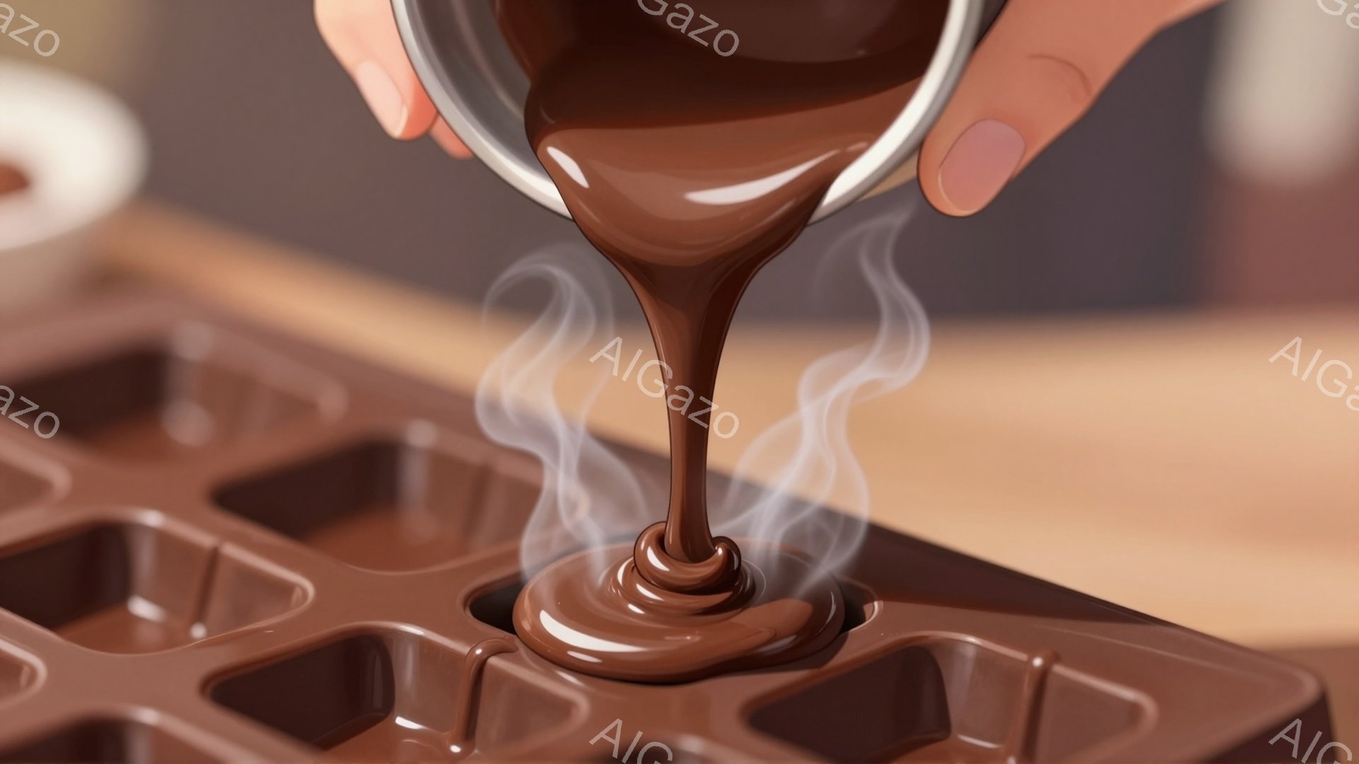 溶けたチョコレートが、型に流し込まれている様子が写っています。チョコレートは温かく、湯気が立ち上り、茶色の型の中にゆっくりと流れ込んでいます。背景は木製のテーブルで、温かみのある雰囲気を醸し出しています。