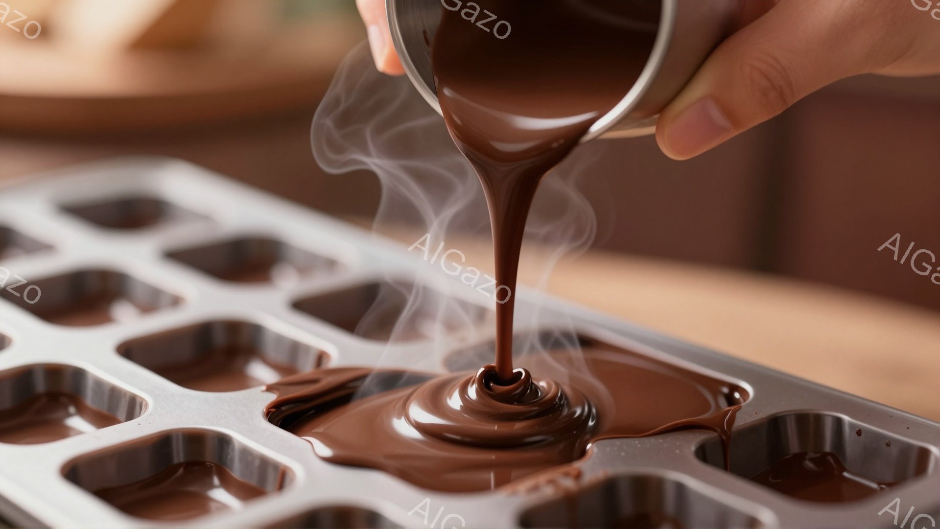 チョコレートが、銀色の長方形の型の中に注がれている様子が写っています。チョコレートは熱く、蒸気が立ち上り、豊かな香りが漂うようです。背景は木製のテーブルで、温かみのある、手作りのスイーツを作る雰囲気を - AI生成フリー素材