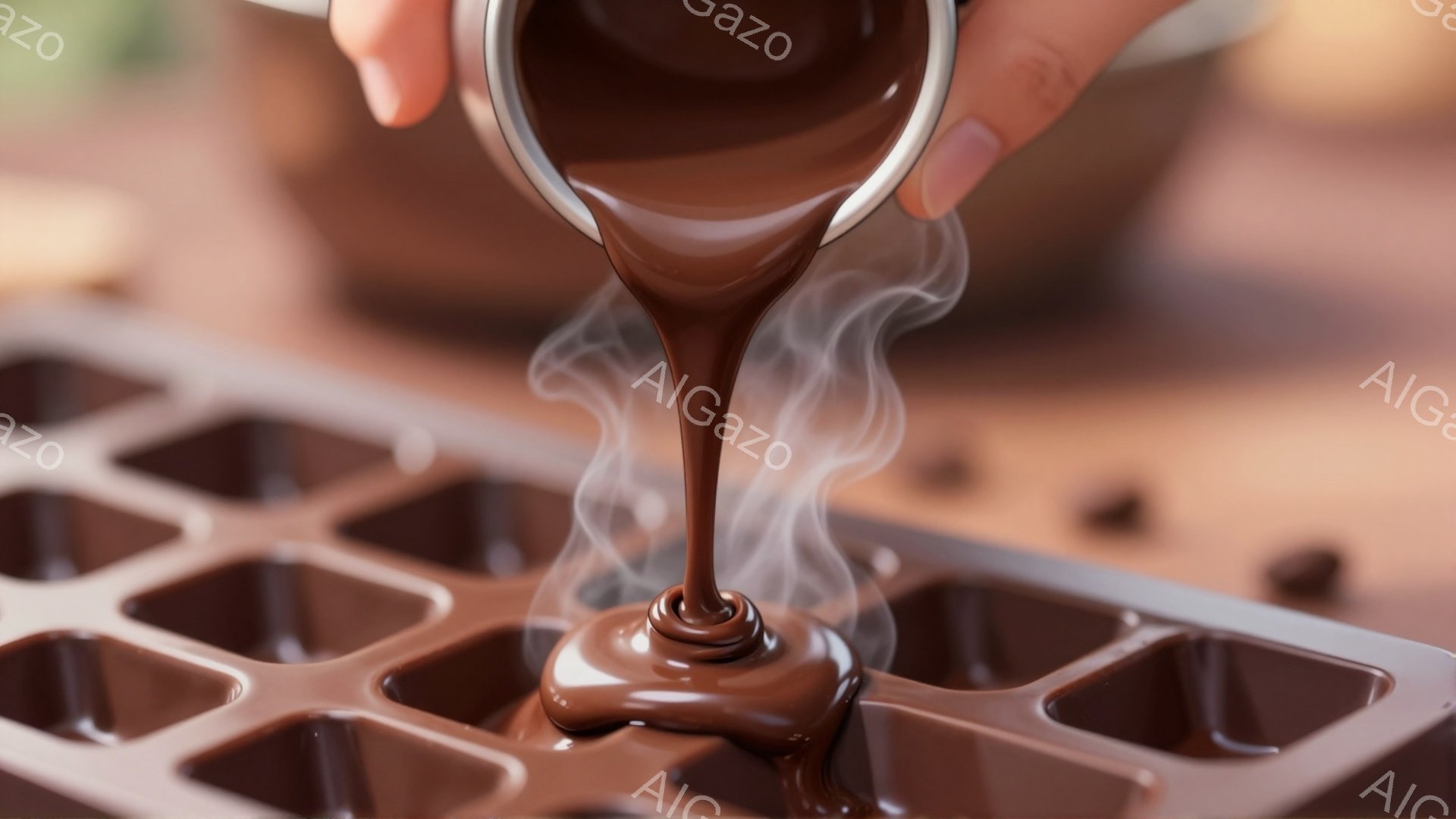溶けたチョコレートが、四角い型に流し込まれている様子が捉えられています。湯気が立ち上り、チョコレートの甘い香りが漂ってくるようです。背景には茶色のカカオ豆が散らばっており、チョコレート作りの過程を連想 - AI生成フリー素材