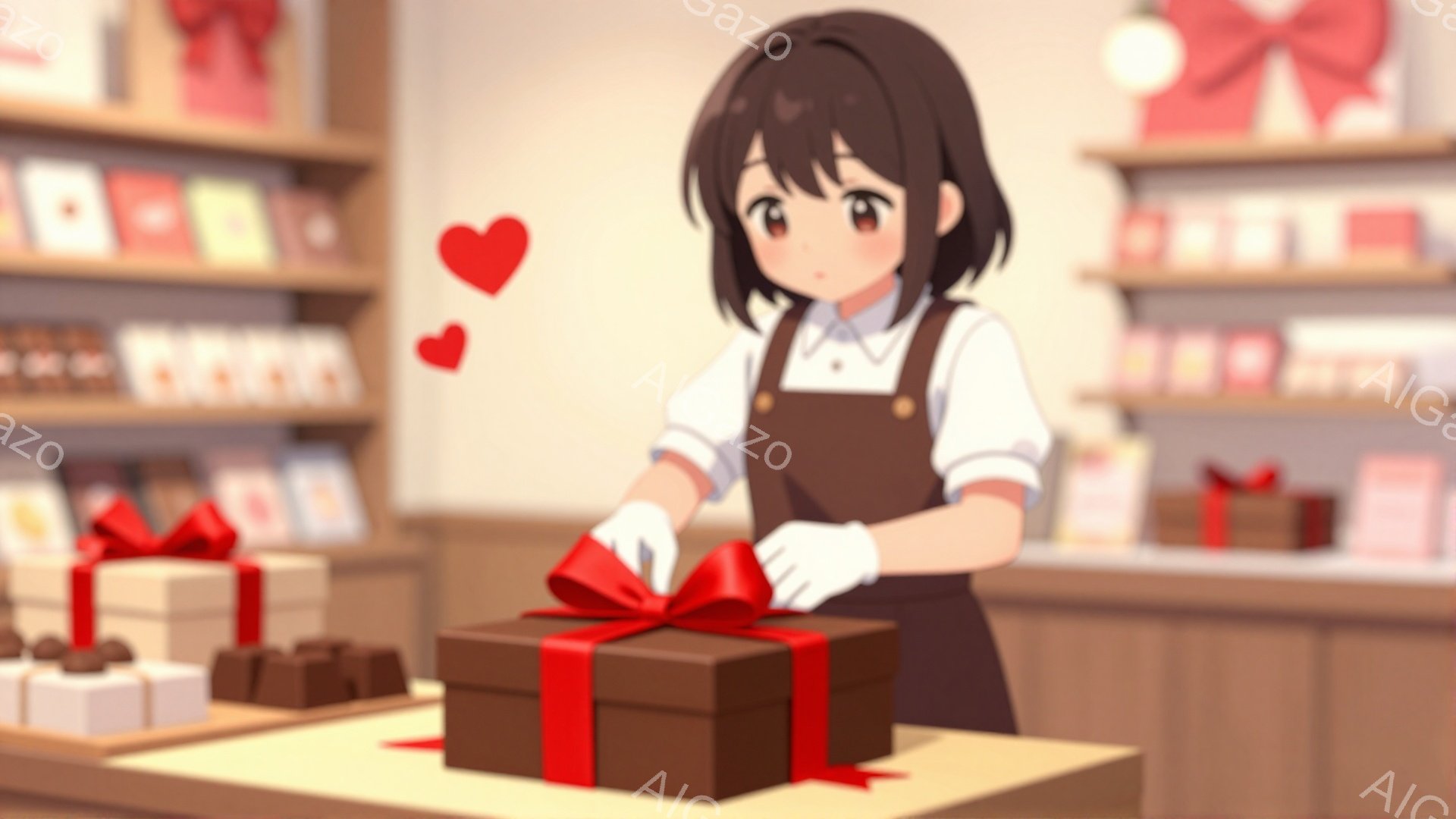 茶色の髪の少女が、白いブラウスと茶色のエプロン姿で、赤いリボンでプレゼントボックスを飾り付けています。彼女は白い手袋を着用しており、真剣な表情で丁寧にリボンを結んでいます。背景には、様々なチョコレートが並んだ棚があり、明るく温かい雰囲気のギフトショップのようです。