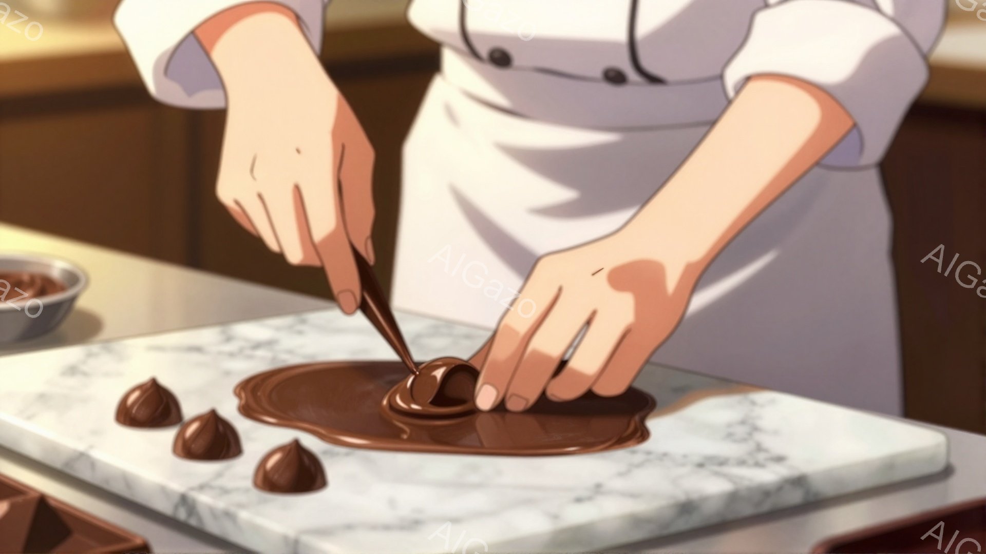 白い制服を着た人物が、大理石のような台の上に溶けたチョコレートをスプーンで広げています。周囲には、丸いチョコレートの塊がいくつか置かれており、手元を照らす光がチョコレートの照りを引き立てています。背景はぼかされており、厨房の一角であると思われますが、全体的に温かく、繊細な雰囲気です。