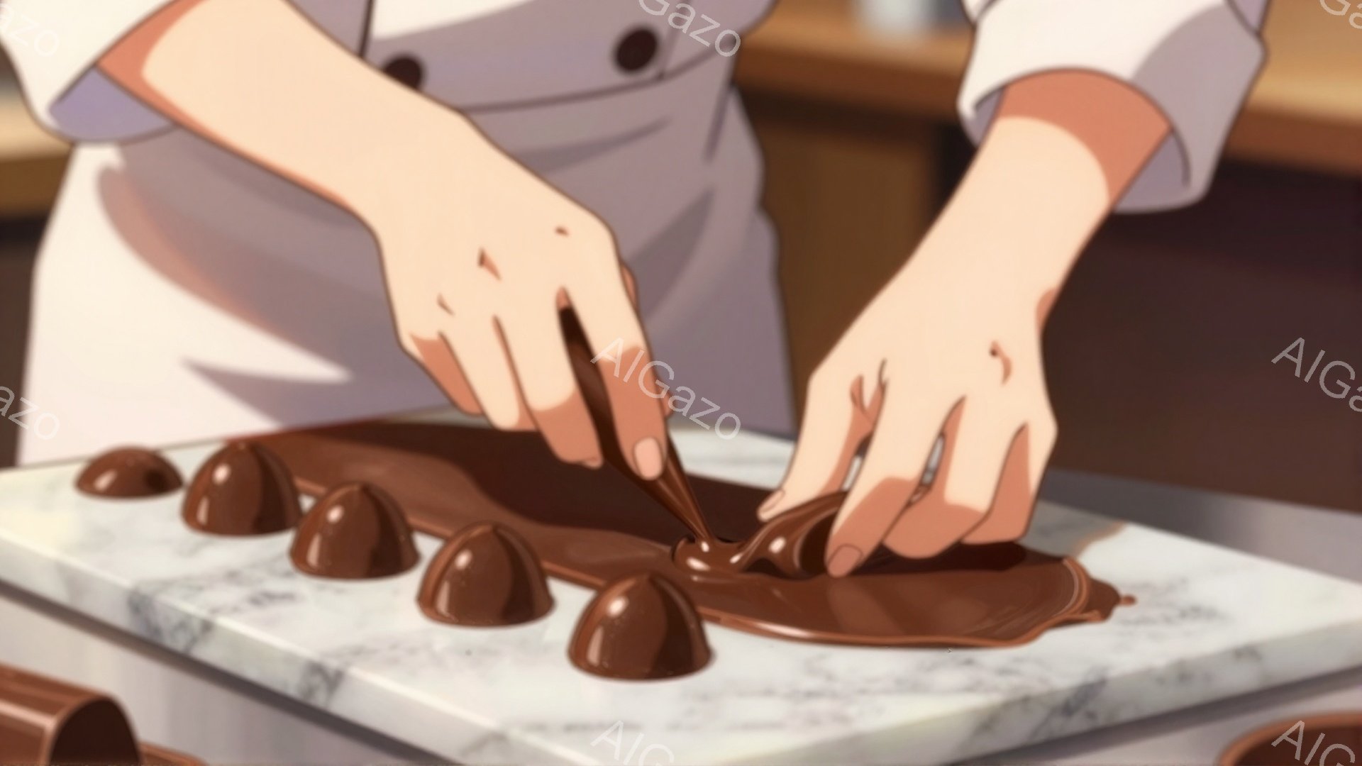 白いコックコートを着た人が、大理石のような作業台の上で溶けたチョコレートを扱っている。チョコレートは円錐形に成形されたものがいくつか並んでおり、溶け出したチョコレートで繋がっているように見える。背景は - AI生成フリー素材