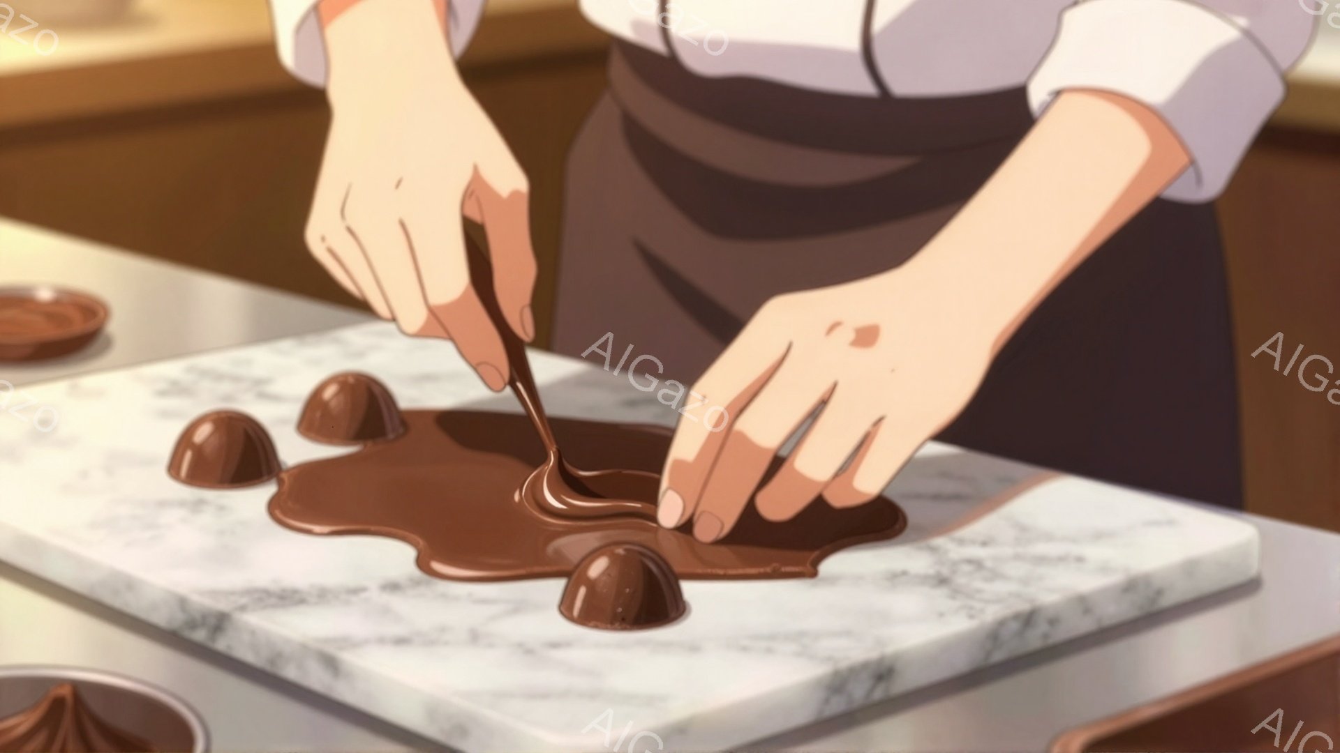 白い制服を着た人物が、大理石のような作業台の上でチョコレートをスプーンで広げています。チョコレートはまだ形を保っておらず、垂れ下がった状態です。背景はぼやけており、暖色系の光が差し込み、温かく落ち着いた雰囲気を醸し出しています。