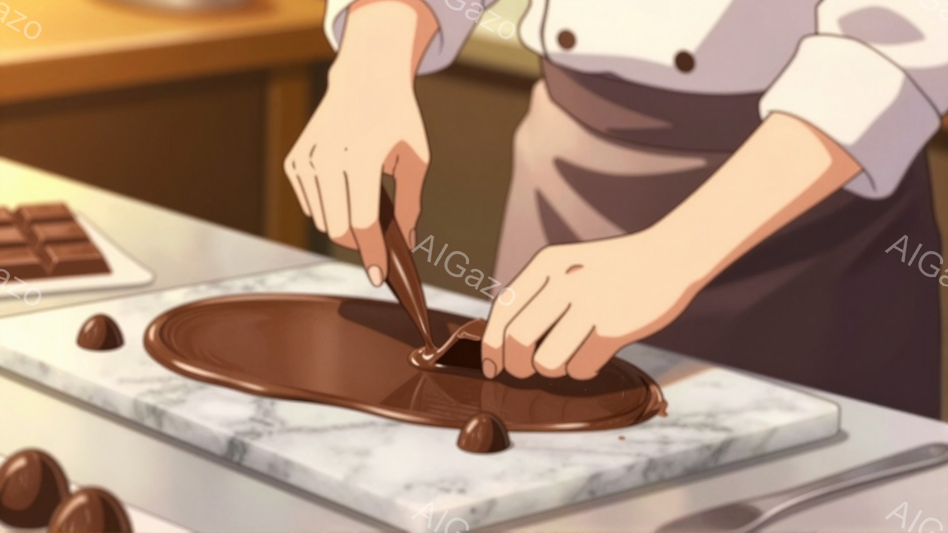 白い制服を着た人物が、大理石のような白い台に溶けたチョコレートを混ぜています。チョコレートは艶やかで、数個の完成したチョコレートが台の周りに散らばっています。背景はぼやけていますが、明るい室内で、お菓子作りが盛んに行われている様子が伺えます。