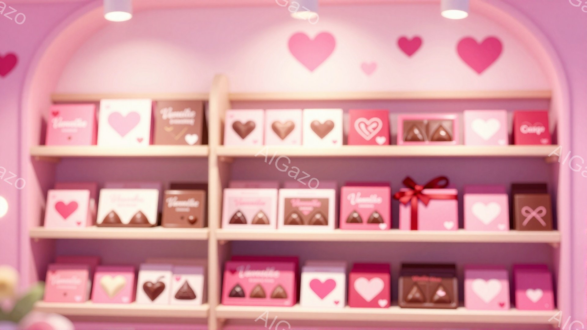 ピンク色の棚が複数並び、それぞれに可愛らしい包装のチョコレートが飾られています。ハートのモチーフが背景やチョコレートの包装に散りばめられており、甘くてロマンチックな雰囲気を醸し出しています。全体的にパステルカラーで統一され、柔らかく優しい印象を与えます。