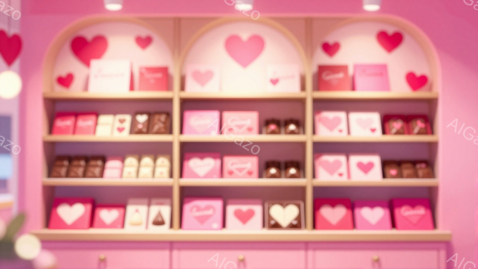 ピンク色の壁面に、たくさんのチョコレートが並んだ棚が写っています。チョコレートはそれぞれ異なる包装紙で飾られ、ハートの模様がアクセントになっています。全体的に甘く、ロマンチックな雰囲気が漂っており、バ - AI生成フリー素材