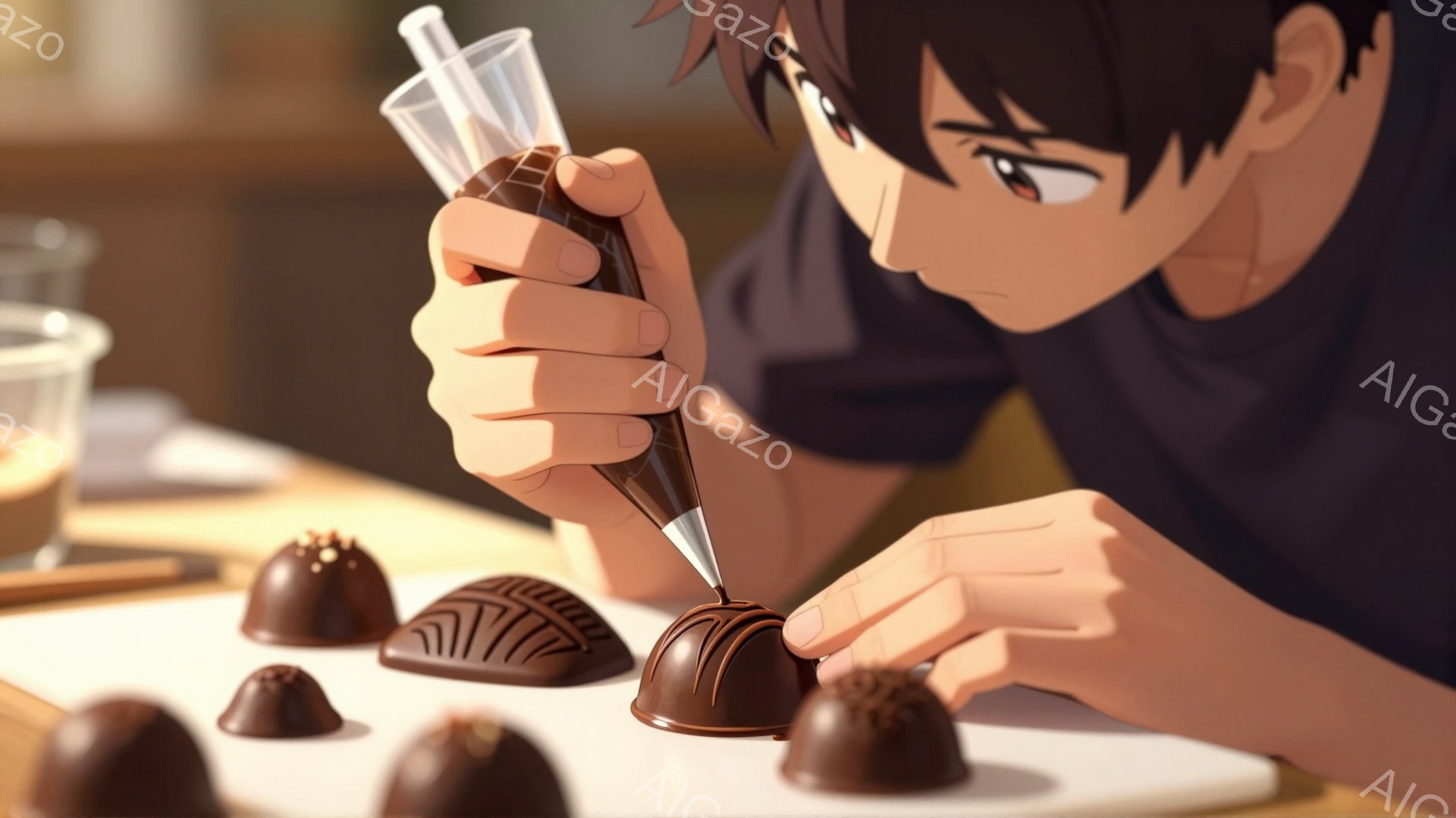 チョコレートを作る男性が写っている。彼は濃い茶色の髪で、額にかかる前髪がある。彼は集中した表情で、手には絞り袋を持ち、チョコレートにデコレーションを施している。