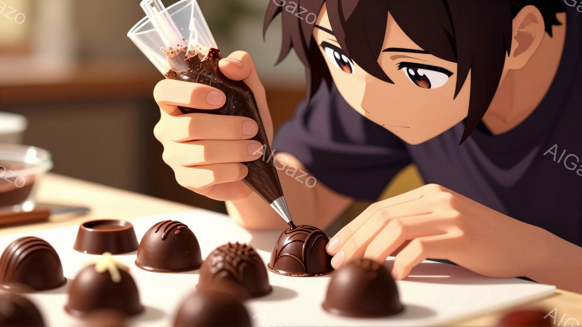 若い男性がチョコレートのデコレーションをしている様子が描かれている。彼は黒髪で、少し眉間にしわを寄せ、集中した表情をしている。白いエプロンを着ており、背景には様々なチョコレート菓子が並べられている。