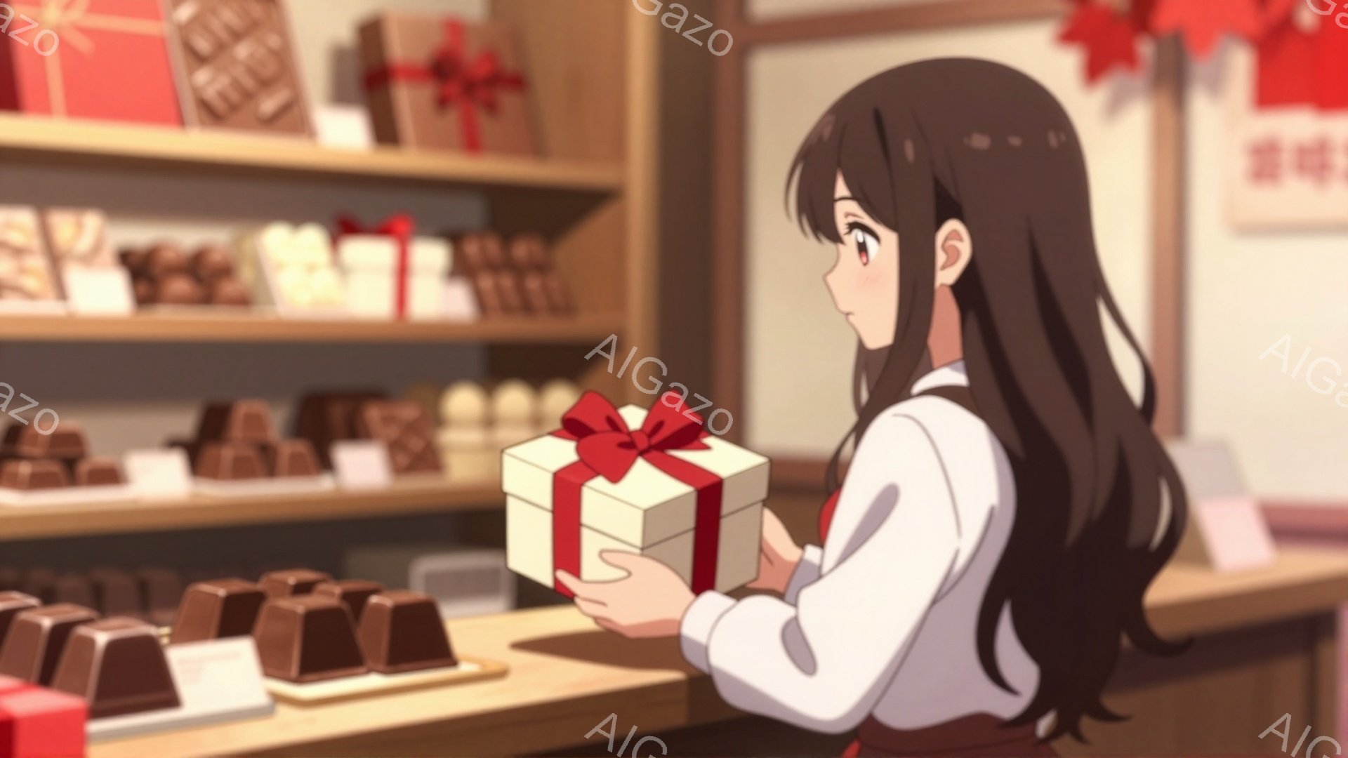 黒髪の長い女性が、赤いリボンで飾られた白いギフトボックスを両手で抱えています。彼女は白いシャツと茶色のエプロンを着ており、横を向いて少し微笑んでいます。背景には、様々なチョコレートが並んだショーケース - AI生成フリー素材