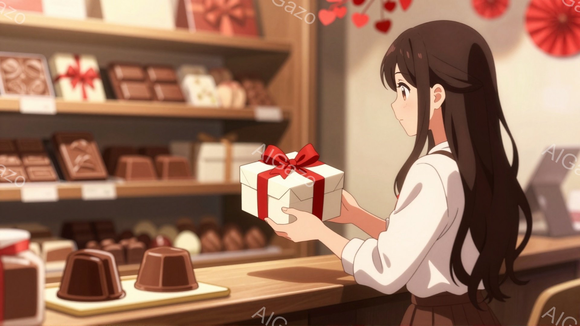 長い黒髪を背中に垂らし、白いブラウスと茶色のスカートを身に着けた女性が、リボンで飾られた白いギフトボックスを両手で持っています。彼女は少し顔を傾け、どこかを見つめるような表情をしています。背景にはチョ - AI生成フリー素材