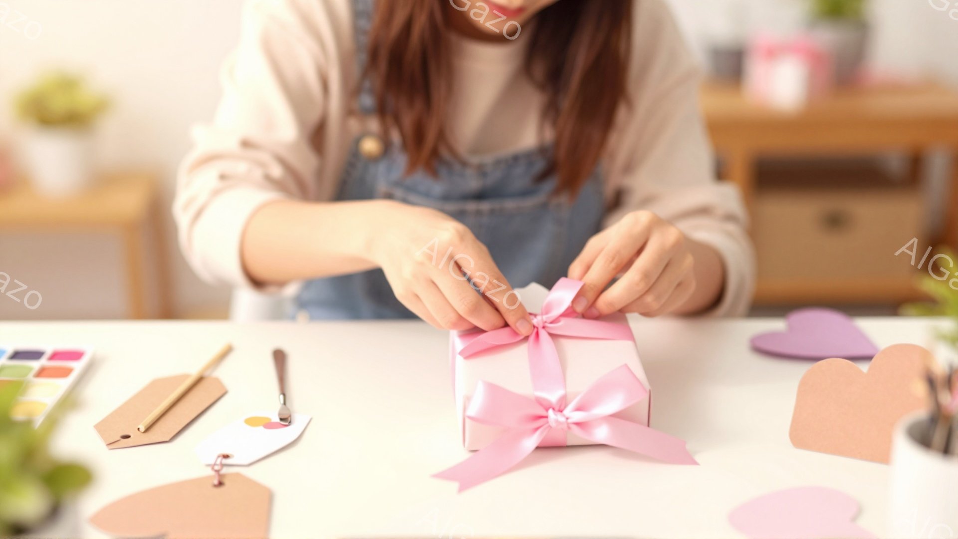 浅いブルーのオーバーオールを着た女性が、ピンク色のギフトボックスにリボンを結んでいます。彼女は手をギフトボックスに近づけて注意深く作業しており、背景にはカラフルなパレットやハート型の紙片が見えます。全体的に、明るく穏やかな雰囲気で、手作りやギフトラッピングの作業風景が伝わってきます。