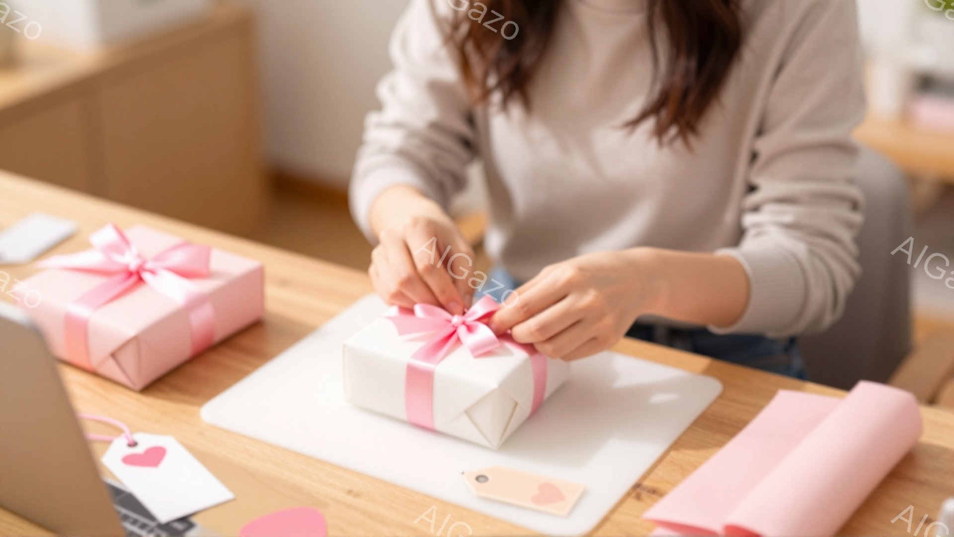 明るい木製のテーブルの上で、女性がプレゼントをラッピングしている様子が写っている。女性はグレーのセーターを着ており、ラッピング作業に集中して前かがみになっている。背景には、ピンク色のラッピングペーパーやタグが見え、全体的に温かく、お祝いの雰囲気が漂っている。