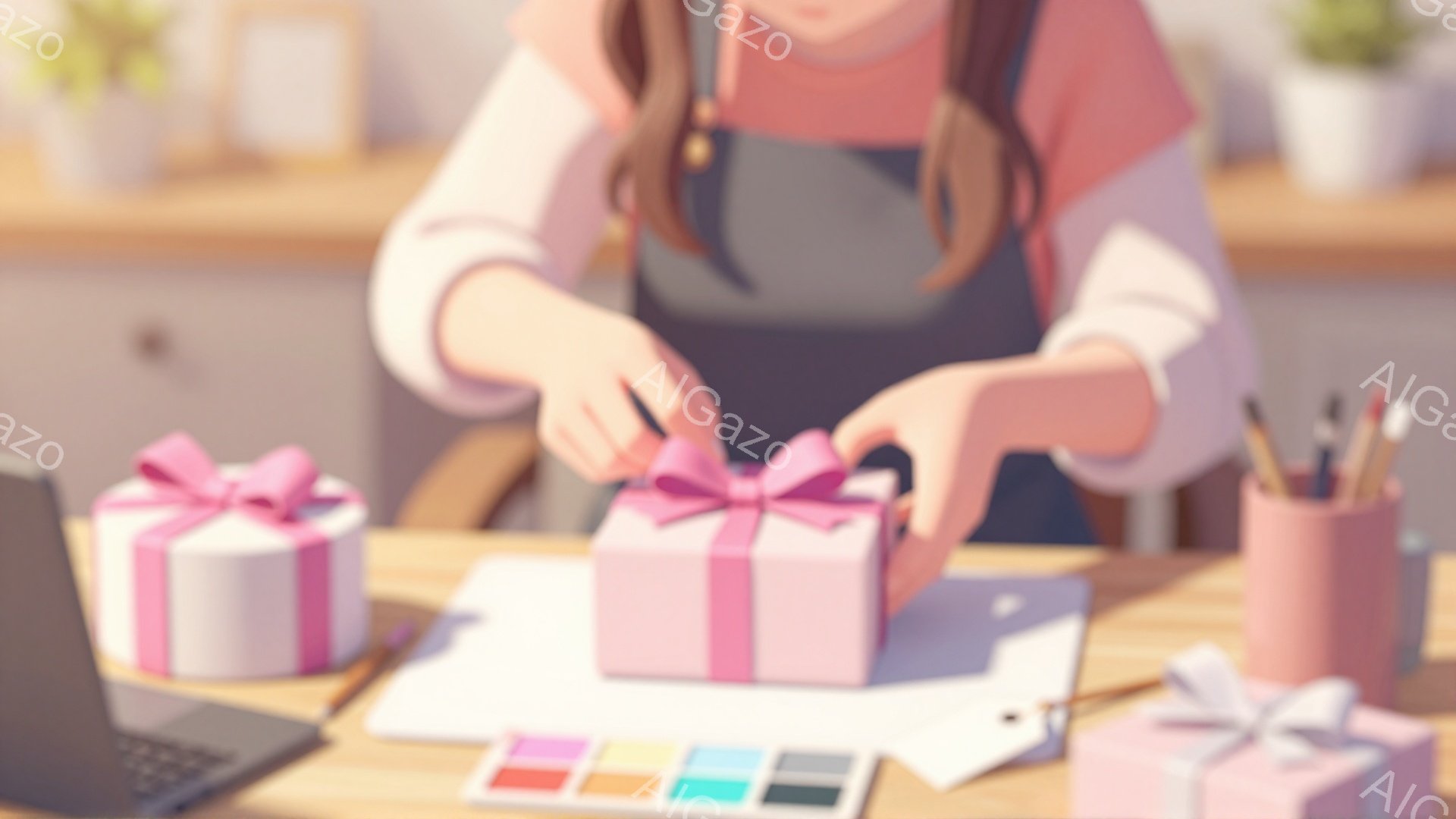浅ピンクのセーターと黒いエプロンを着た人物が、ラッピングペーパーでギフトボックスを飾っています。手は丁寧にリボンを結んでおり、ラッピング作業に集中している様子が伺えます。背景には、パレット、ペン、ノートパソコンなどがあり、創造的な活動を行っている空間であることがわかります。