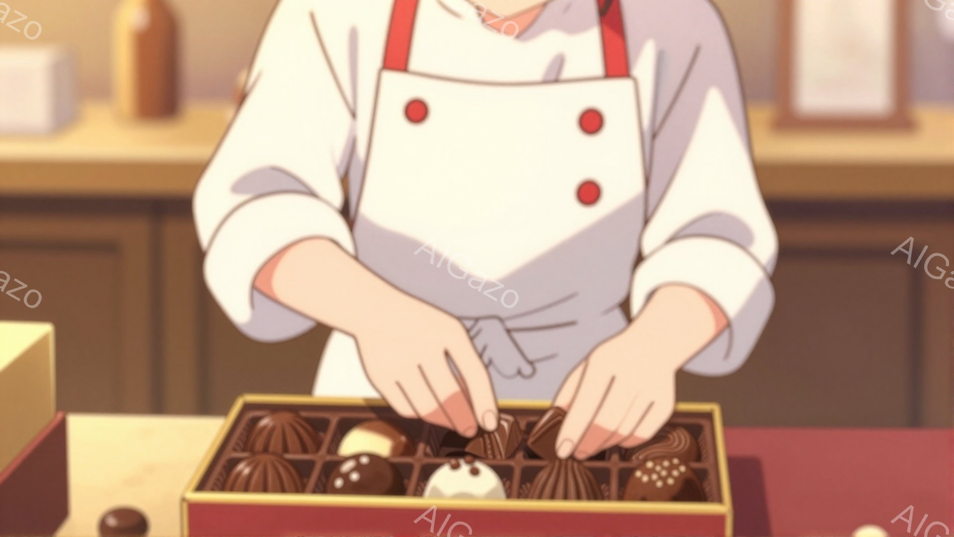 白いエプロンと長袖のシャツを着た人物が、赤い箱の中にチョコレートを並べている様子が描かれています。箱の中には様々な種類のチョコレートが整然と並び、手作業で丁寧に配置されているのがわかります。背景はぼやけていますが、室内で暖かく優しい雰囲気が感じられます。