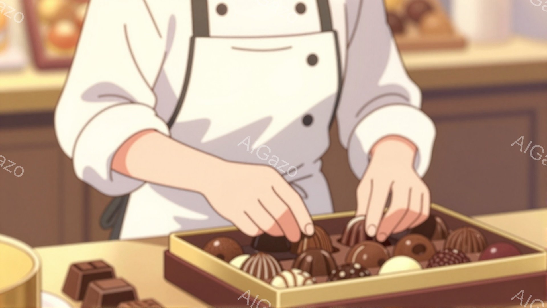 白いコックコートを着た人物が、様々なチョコレートを並べた箱に手を伸ばしています。チョコレートは球形や四角形など形が異なり、茶色、白、カラメル色など色合いも様々です。背景は暖色系の木製のカウンターで、少しぼやけたお菓子や飲み物の写真が飾られています。