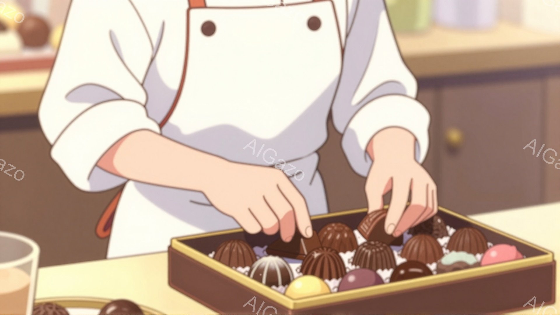 コック帽と白衣を身に着けた人物が、様々なチョコレートを黒いトレイに並べている。チョコレートは丸い形をしており、茶色、白、紫など様々な色がある。背景はぼやけており、キッチンの一部が見えるが、全体的に温かく、繊細な雰囲気である。