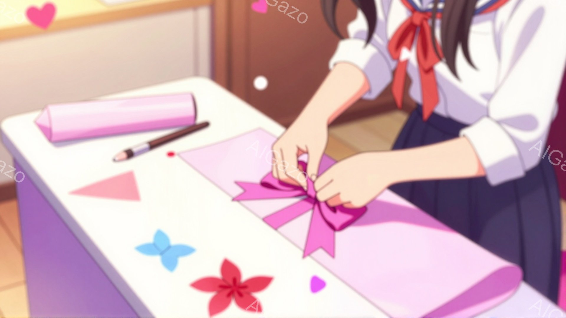制服を着た女性が、ピンク色の紙で何かを作っている様子が描かれています。彼女は茶色の髪で、ピンク色の紙を丁寧に折り、周りには色とりどりの紙の花が散らばっています。背景はシンプルで、明るく優しい雰囲気が漂っています。