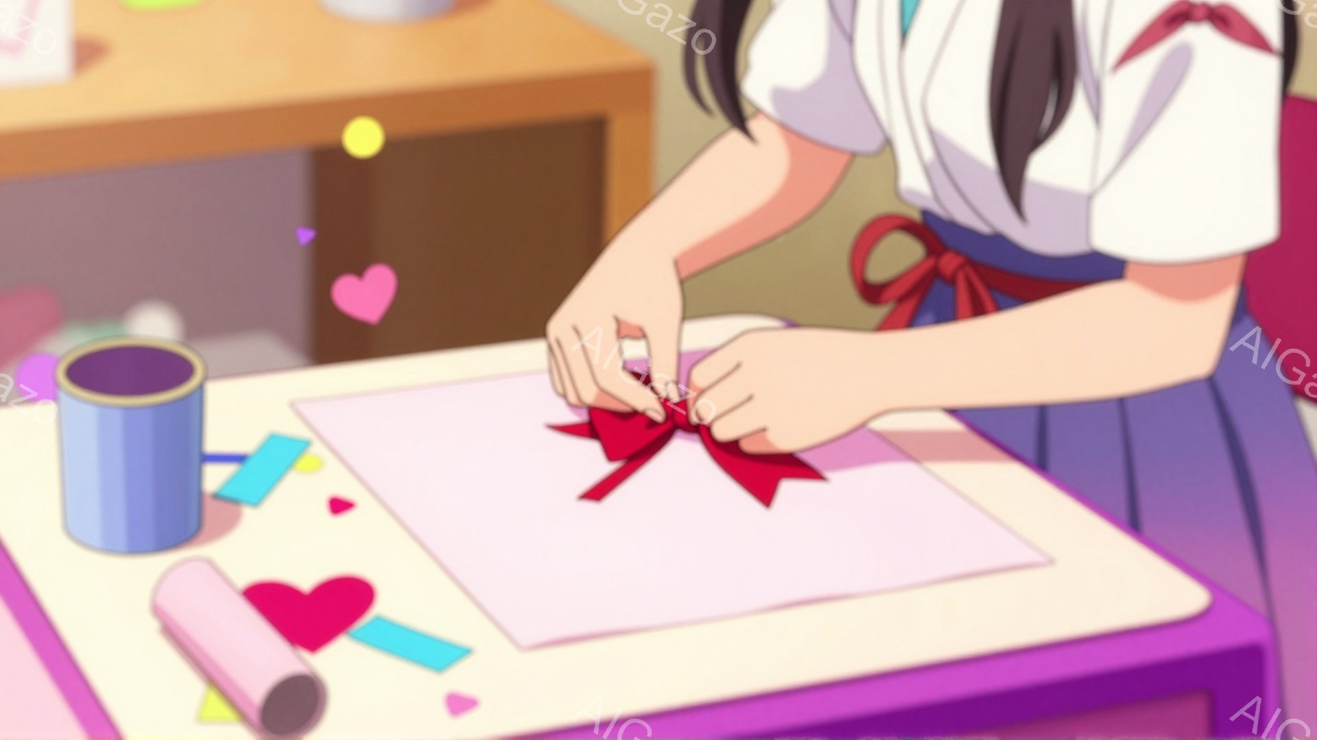 紫色の作業台の上で、少女が赤いリボンを丁寧に結んでいます。彼女は白いブラウスと紫色のスカートを着用し、黒髪を後ろで結んでいます。背景には、カラフルなハート形の紙片や青いテープ、そしてペン立てが見え、明るく楽しい雰囲気です。