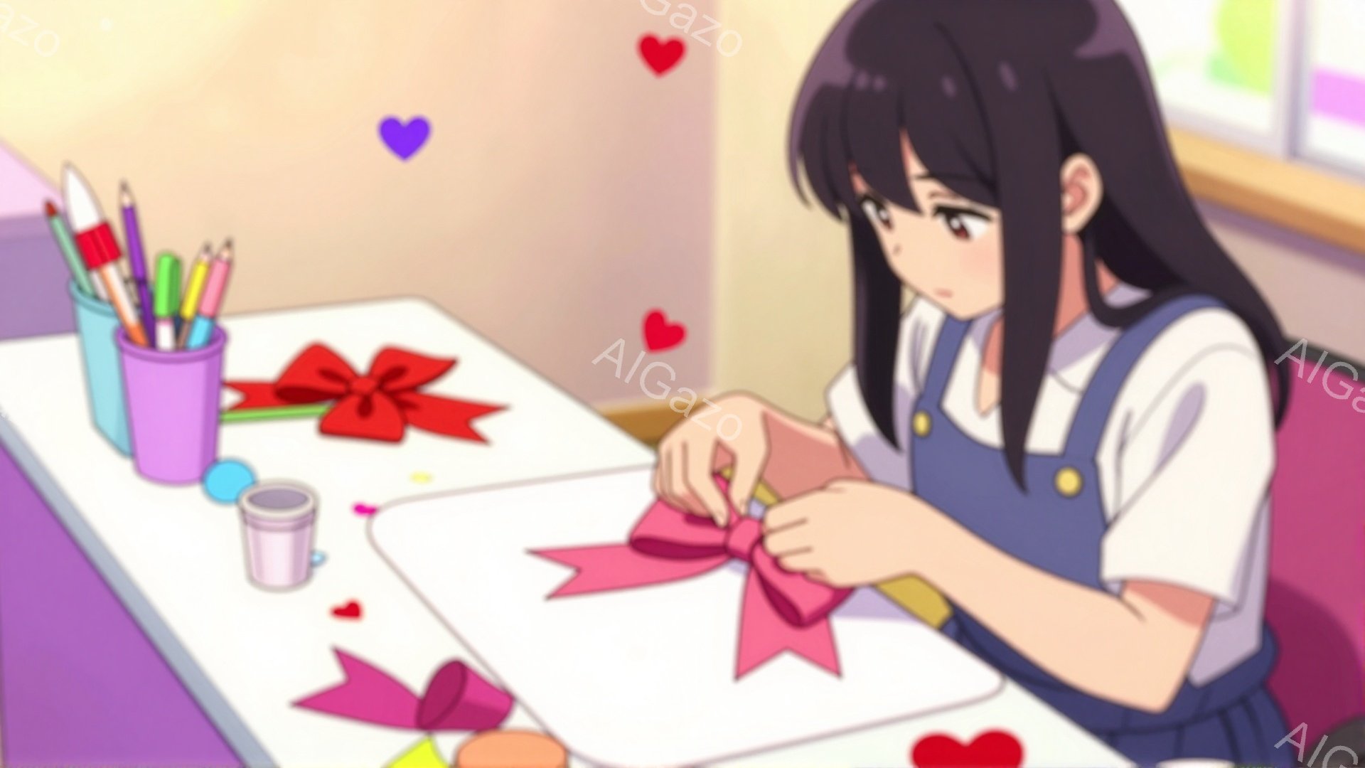 少女は、白いブラウスにネイビーのオーバーオール姿で、ピンクのリボンを制作しています。彼女は黒髪で、前髪はぱっつんカット、集中した表情でリボンを丁寧に折り曲げています。背景には、ピンク色の壁とテーブル、そして散らばるリボンや色鉛筆が見え、全体的に温かく優しい雰囲気です。