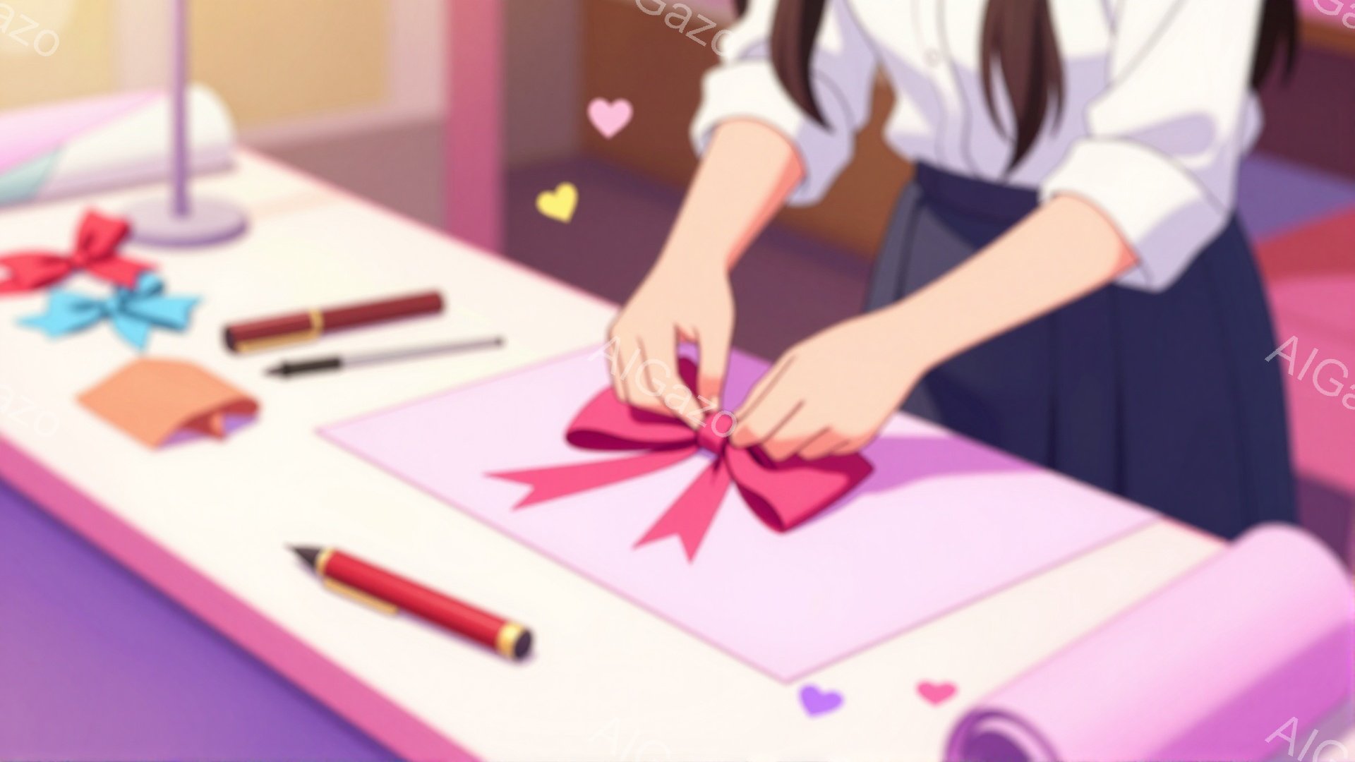 明るいピンク色の作業台の上で、女性が赤いリボンでプレゼントのラッピングをしています。彼女は白いブラウスと濃いスカートを着ており、髪は後ろでまとめています。背景にはラッピングペーパーやリボン、ペンなどが - AI生成フリー素材