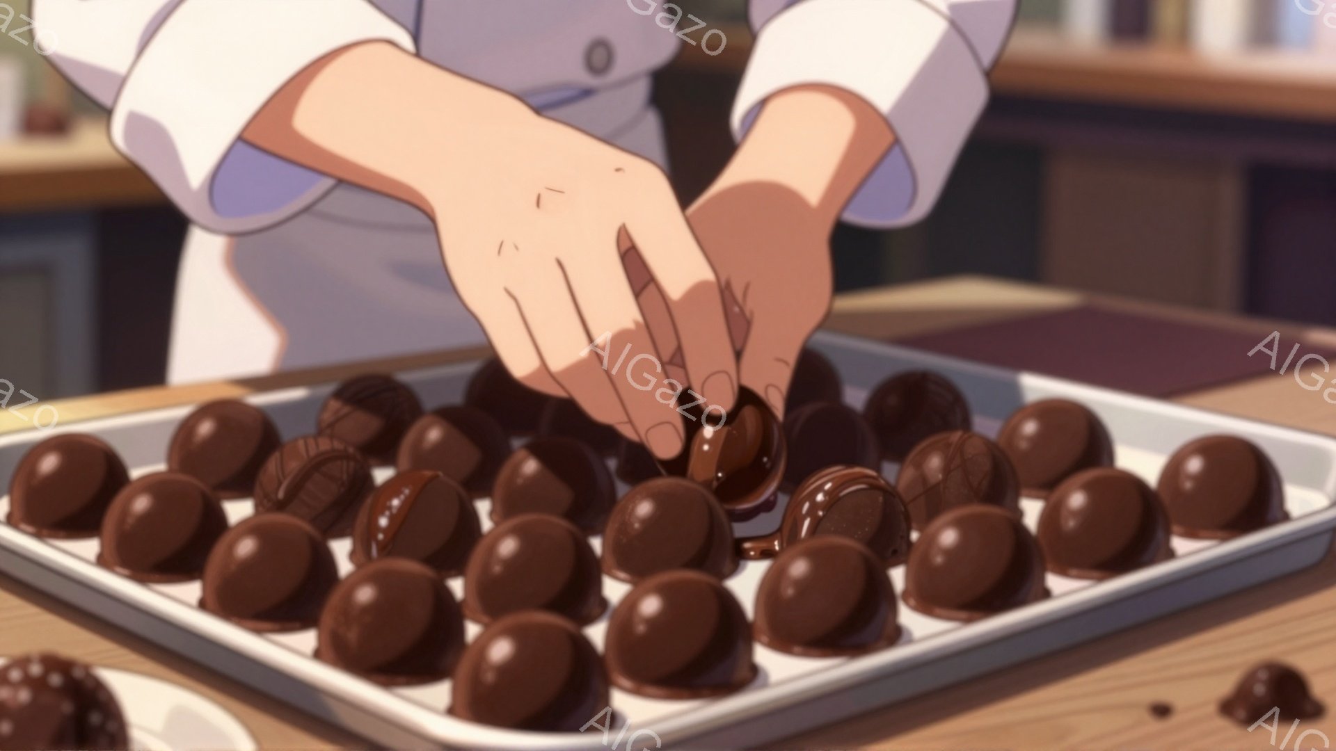 チョコレート菓子が整然と並んだ天板の上で、誰かがチョコレートに何かを添えようとしている様子が描かれています。人物は白い制服を着ており、手元しか見えませんが、丁寧な作業をしていることが伺えます。背景はぼ - AI生成フリー素材