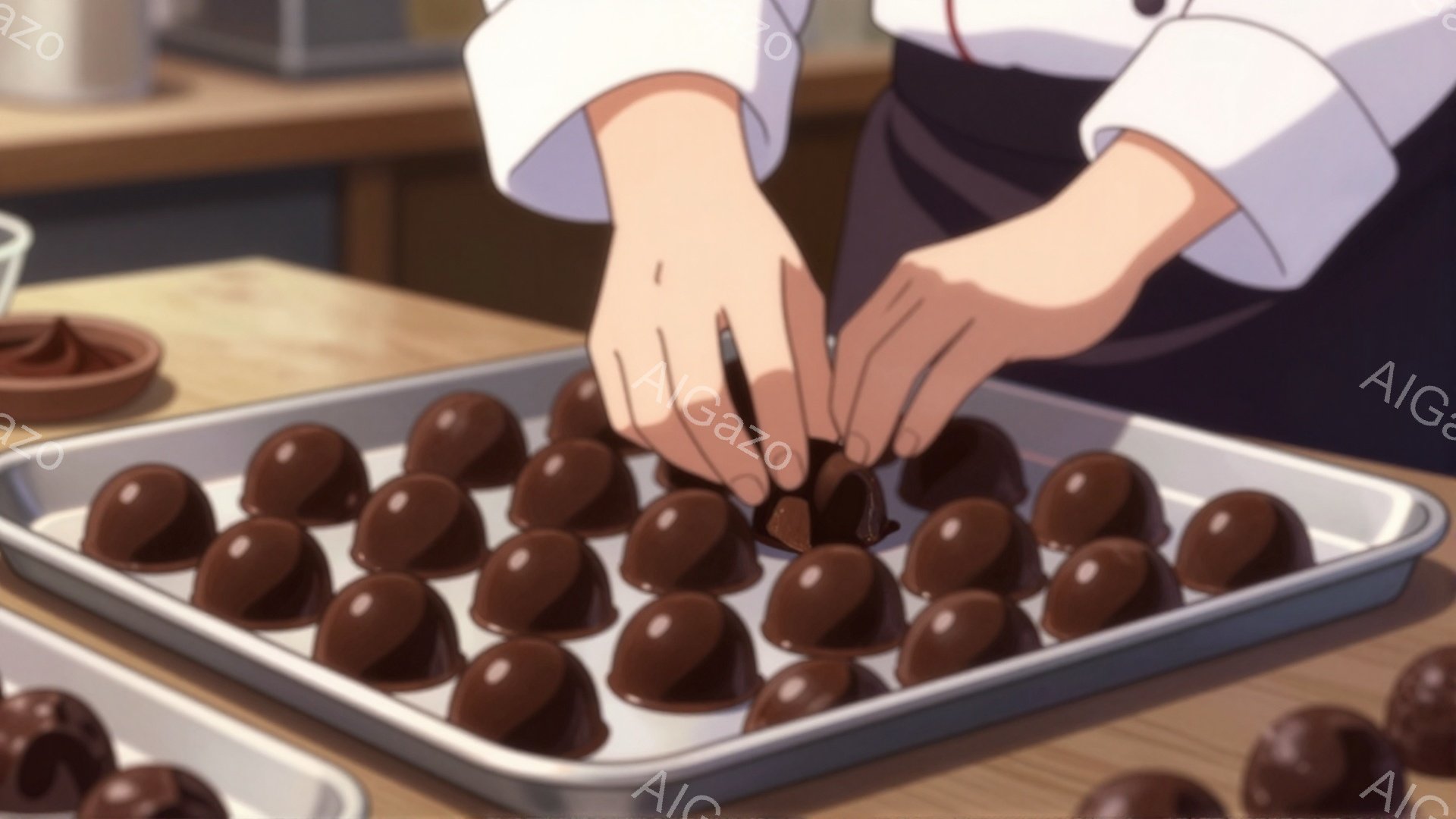 チョコレート色の丸い菓子が銀色のトレイに整然と並べられており、手が一つを選び上げようとしている様子が描かれている。背景は明るい木製のカウンターで、プロの製菓職人が作業している厨房の一場面と考えられる。全体的に温かく、丁寧に作られたお菓子の雰囲気が伝わってくる。
