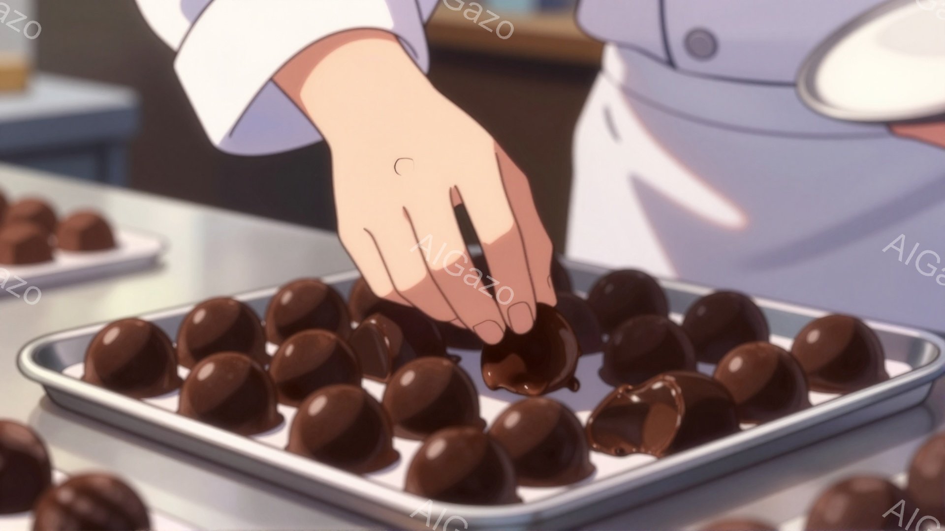 チョコレートが並んだトレーの上に、白い制服を着た人物の手が伸び、一つチョコレートをつまもうとしている様子が描かれている。背景はぼかされており、厨房の一角である可能性が伺えるが、詳細な建物や自然は不明で - AI生成フリー素材