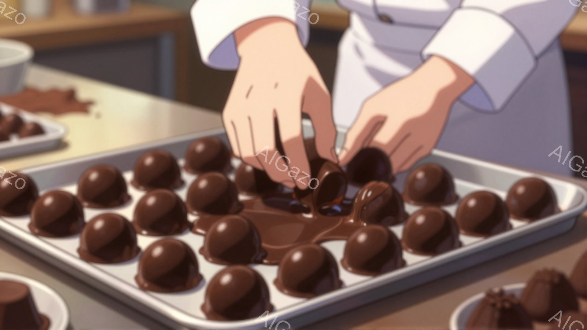 チョコレートが並べられた金属製のトレイの上に、誰かの手がチョコレートを掴もうとしている様子が描かれています。作業者は白いコックコートを着ており、背景はぼやけていますが、おそらくキッチンや製菓工房の内部 - AI生成フリー素材