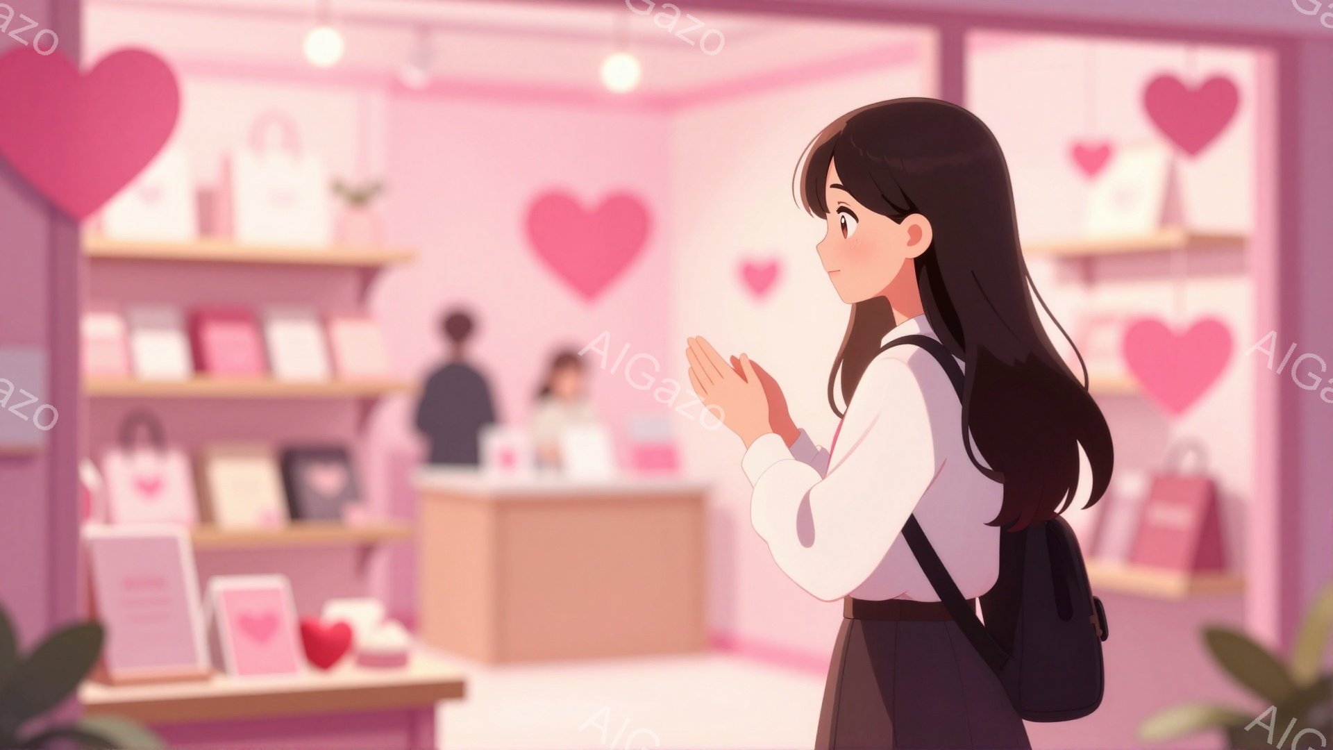 画像には、黒髪のロングヘアの女性が描かれており、白いシャツと黒のスカート、そして黒のリュックサックを身につけています。彼女は両手を合わせて祈るような姿勢で、店内の商品を見ているようです。背景には、ピンク色のハート型の装飾が施された棚や、薄ぼんやりとした店員らしき人物が見え、全体的に甘く優しい雰囲気が漂っています。