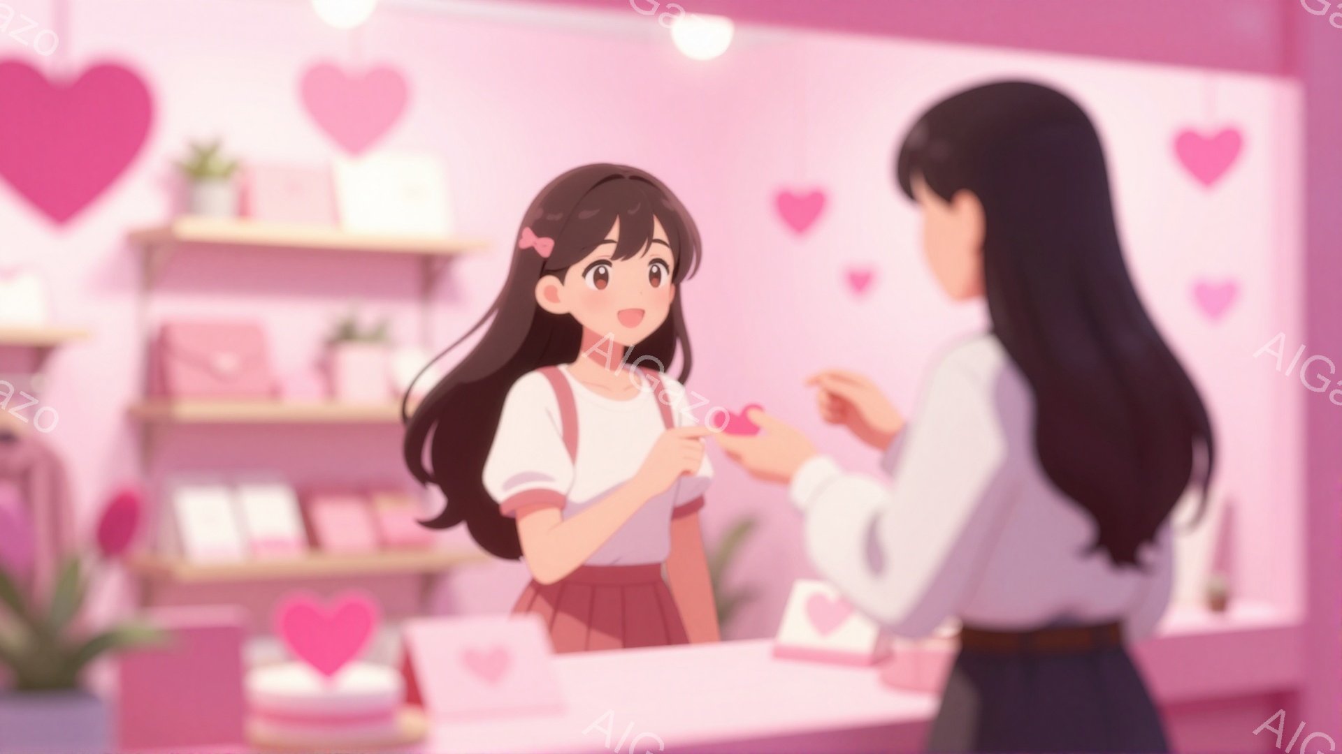 画像には、ピンク色の背景に立つ若い女性が描かれています。彼女は白いブラウスとピンクのスカートを着ており、黒い髪は長く、少しカールしています。彼女は片手を伸ばし、ハート型のキャンディーを受け取ろうとして - AI生成フリー素材