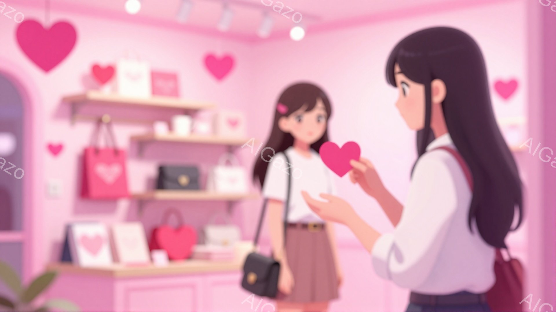 画像には、店内でピンク色のハート型のカードを提示する若い女性が描かれています。彼女は白いシャツに黒いスカート、肩にかかった赤いバッグを着ており、髪は後ろで結ばれています。背景には、ピンク色のハート型の飾りが施された棚があり、全体的に明るく、可愛らしい雰囲気が漂っています。
