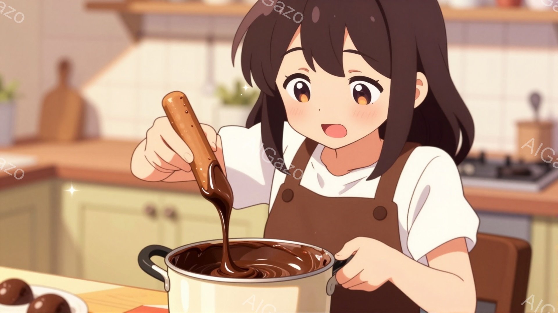 茶髪の少女がエプロンをつけて、チョコレートソースにスティック状のお菓子を浸している様子が描かれています。彼女は明るい表情で、チョコレートソースがスティックから垂れ下がっている様子を嬉しそうに見つめています。背景にはキッチンがあり、明るく暖かく、お菓子作りの楽しい雰囲気が漂っています。
