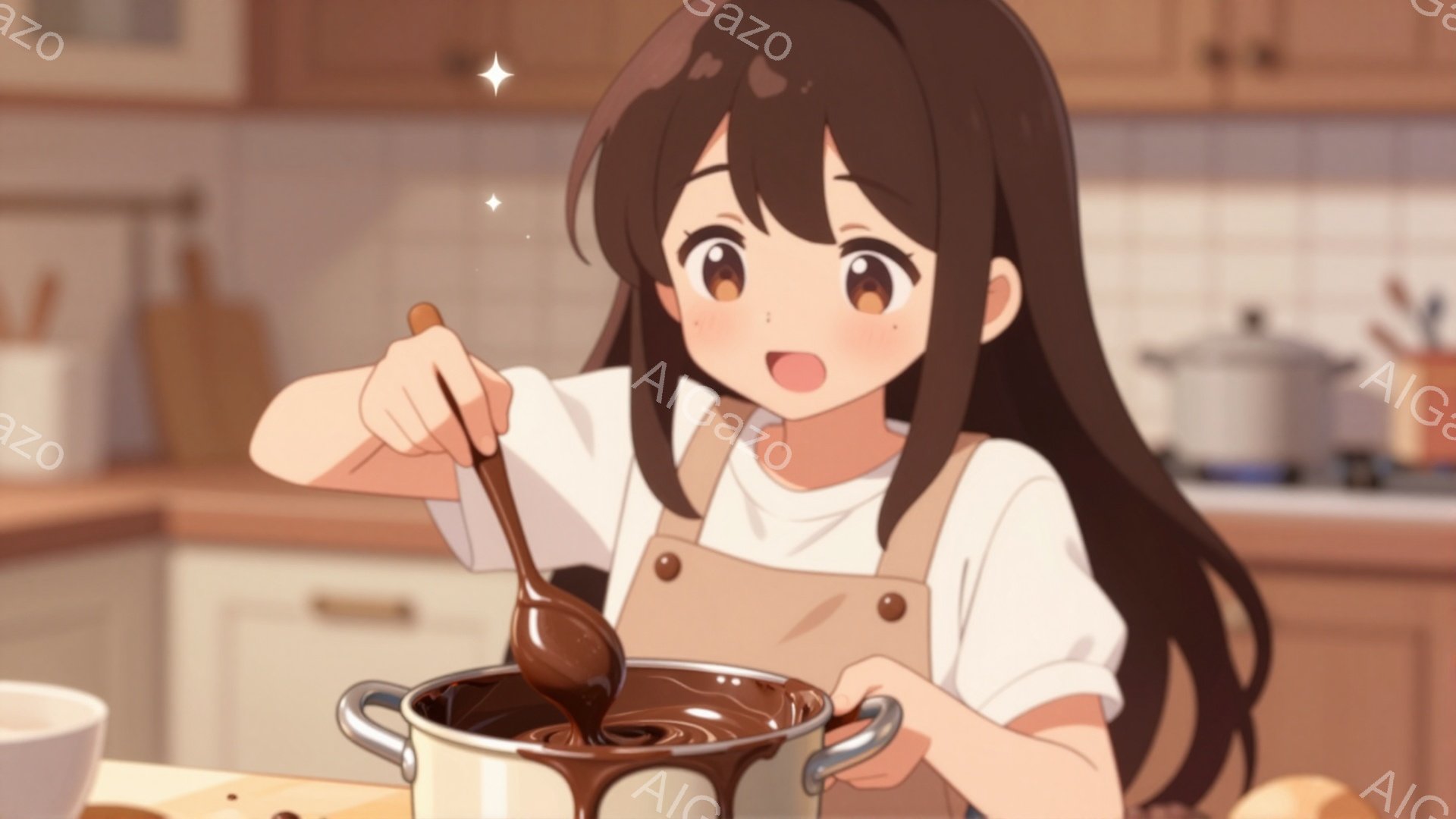 長い黒髪で、白いTシャツとベージュのエプロンを着た若い女性が描かれています。彼女は鍋の中のチョコレートを木製のスプーンで混ぜており、驚いたような笑顔を浮かべています。背景はキッチンで、キャビネットや調理器具が配置され、温かく家庭的な雰囲気を醸し出しています。