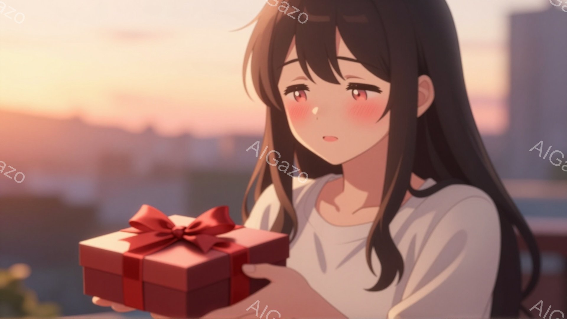 長い黒髪を持つ少女が、赤いリボンで飾られた赤いギフトボックスを両手で抱えています。彼女は白いTシャツを着ており、頬は赤く染まって少し照れている表情をしています。背景には、夕焼けの空とぼやけた都市の建物が見え、全体的に暖かく、ロマンチックな雰囲気を醸し出しています。