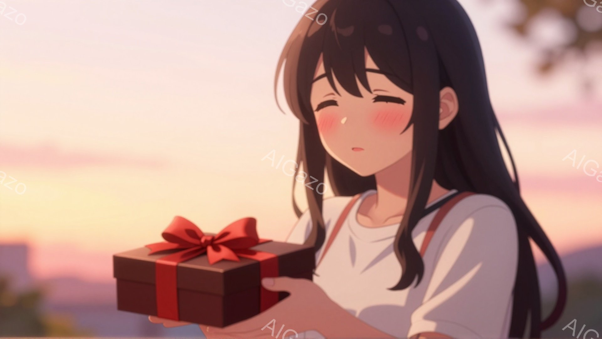 長い黒髪の少女が、赤いリボンで結ばれた黒いギフトボックスを両手で抱えています。彼女は白いシャツとネクタイ、そして制服のような服を着ており、頬は赤く染まっています。背景にはぼやけた建物と夕焼けのような暖 - AI生成フリー素材