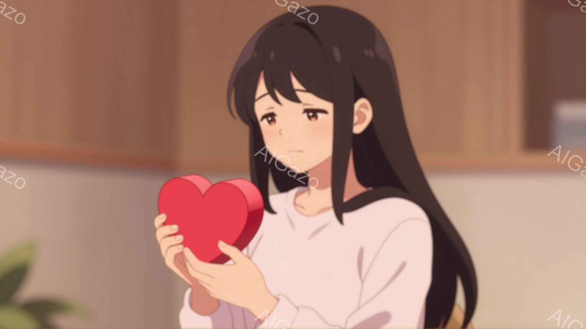 長い黒髪で、前髪は少しカールしている女性が描かれています。白いセーターを着ており、赤いハート型の物体を両手で抱えています。背景はぼやけた茶色の壁で、柔らかく優しい雰囲気です。 - AI生成フリー素材