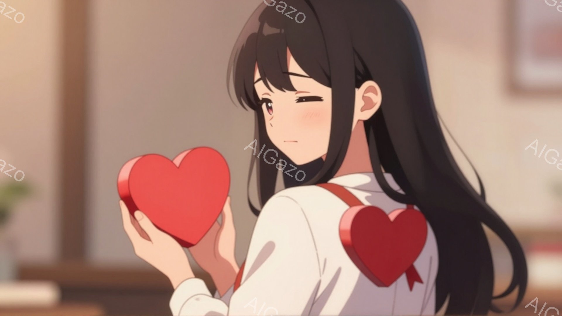 黒髪の女性が、赤いハート型の箱を二つ持っています。白いシャツを着ており、表情は少し照れたような微笑みです。背景は暖色系の室内で、柔らかく優しい雰囲気が漂っています。 - AI生成フリー素材