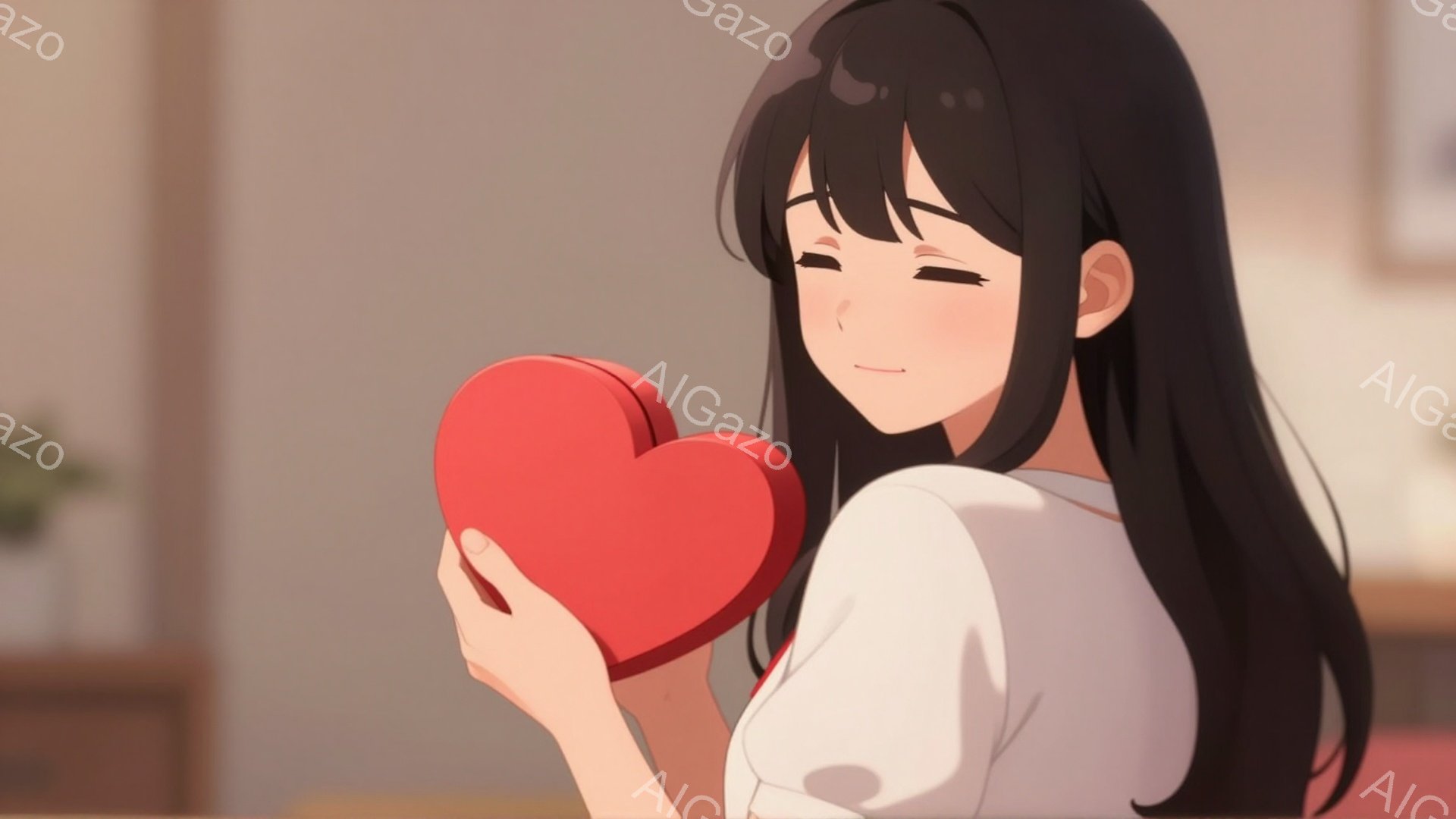 長い黒髪で、少し微笑んでいる女性が描かれています。白いトップスを着ており、左手に赤いハート型の箱を持っています。背景はぼやけていますが、暖かい色の部屋の一部が見え、全体的に優しい雰囲気です。 - AI生成フリー素材