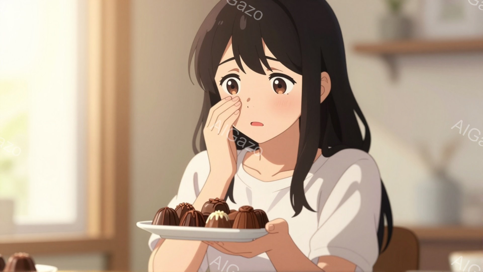 長い黒髪の女性が、チョコレートの皿を両手で抱えています。彼女は白いシャツを着ており、少し涙ぐんだ表情で頬を触っています。背景には窓からの自然光が差し込み、明るいリビングルームの一角が写っており、穏やかで少し切ない雰囲気が漂っています。