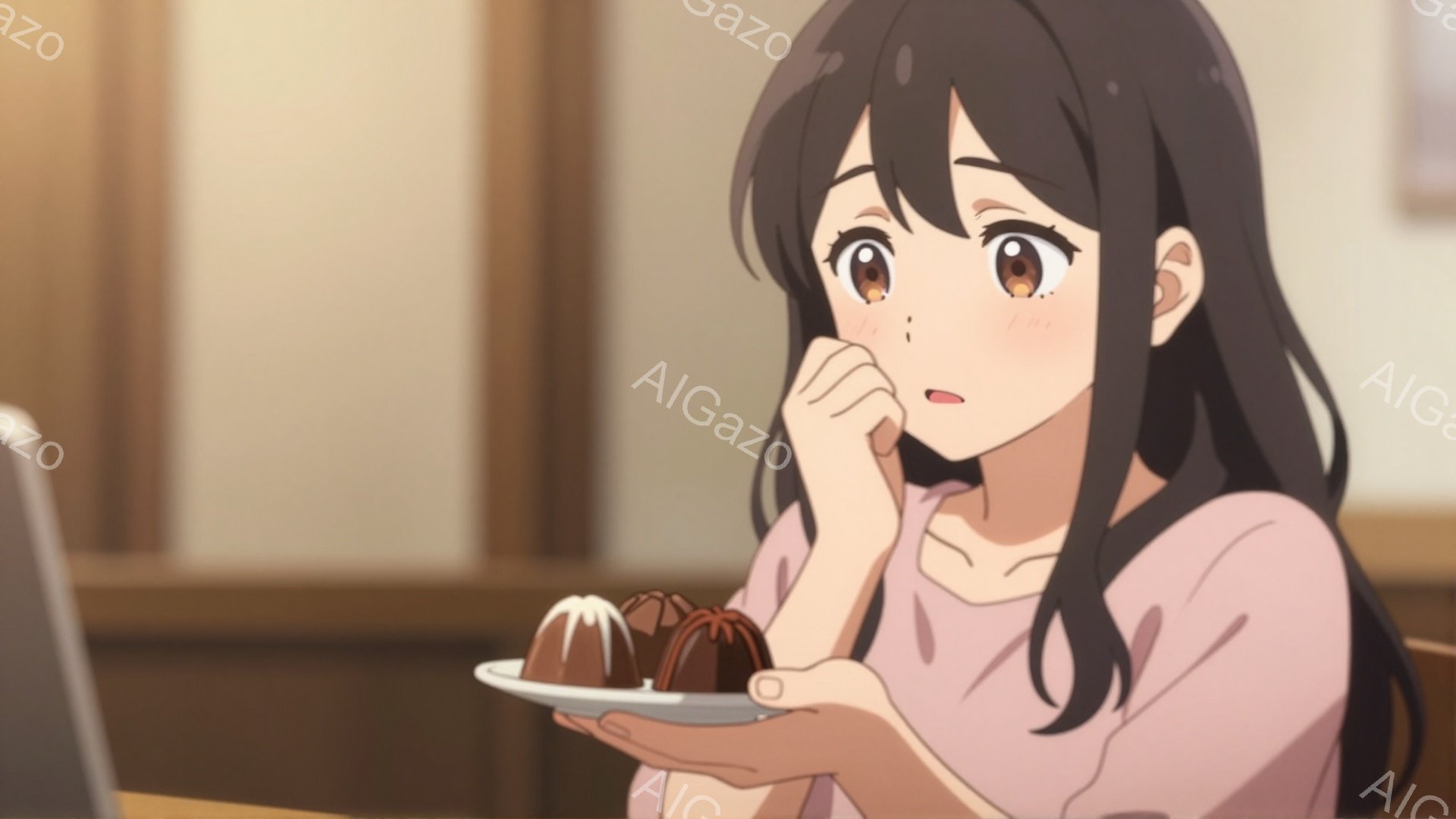 黒髪の少女が、薄いピンク色のセーターを着て、少し困ったような表情で何かを考えています。彼女は片手にチョコレートが乗ったお皿を持っており、指を口に当てています。背景には木製のテーブルとぼやけた室内が見え、全体的に柔らかく温かい雰囲気です。