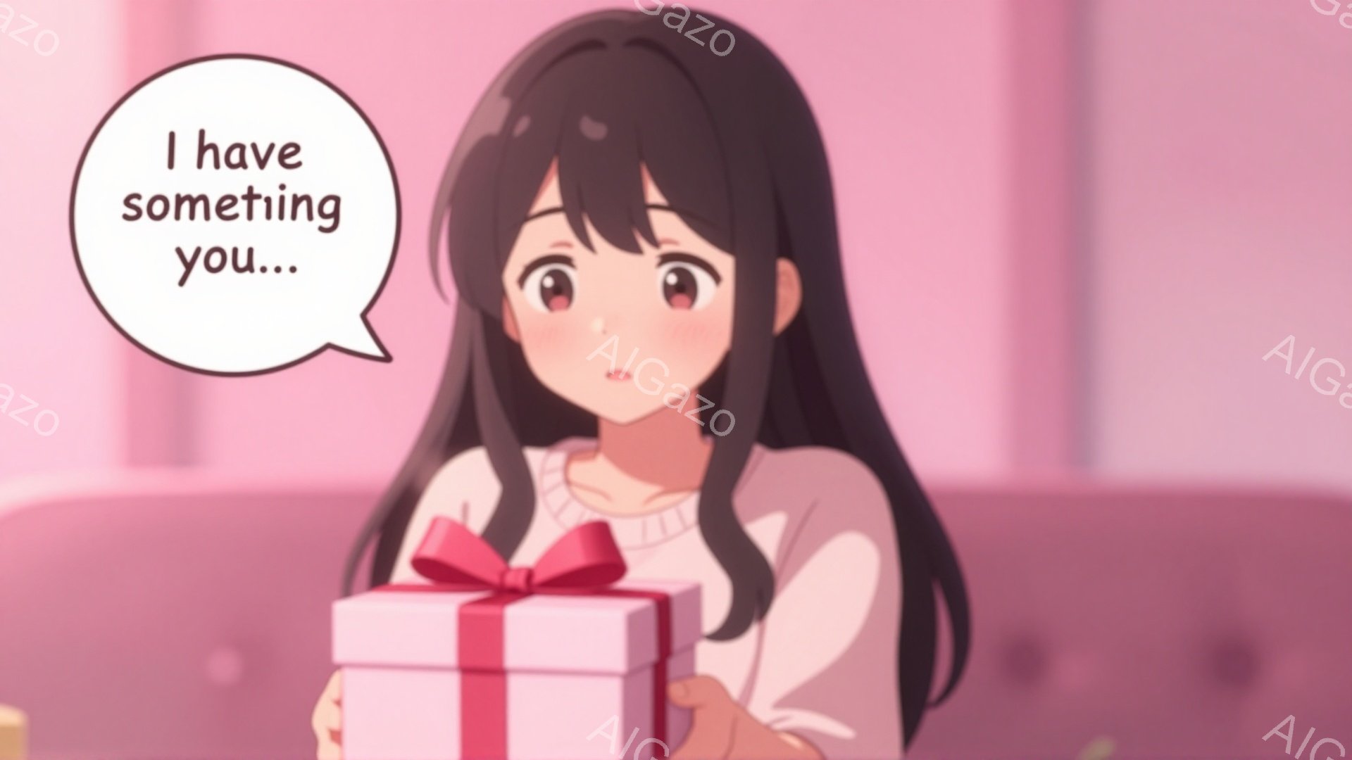 長い黒髪の少女が、ピンク色のリボンが付いた箱を両手で抱えています。彼女は白いセーターを着ており、少し照れたような表情をしています。背景は淡いピンク色で、全体的に温かく、優しい雰囲気です。