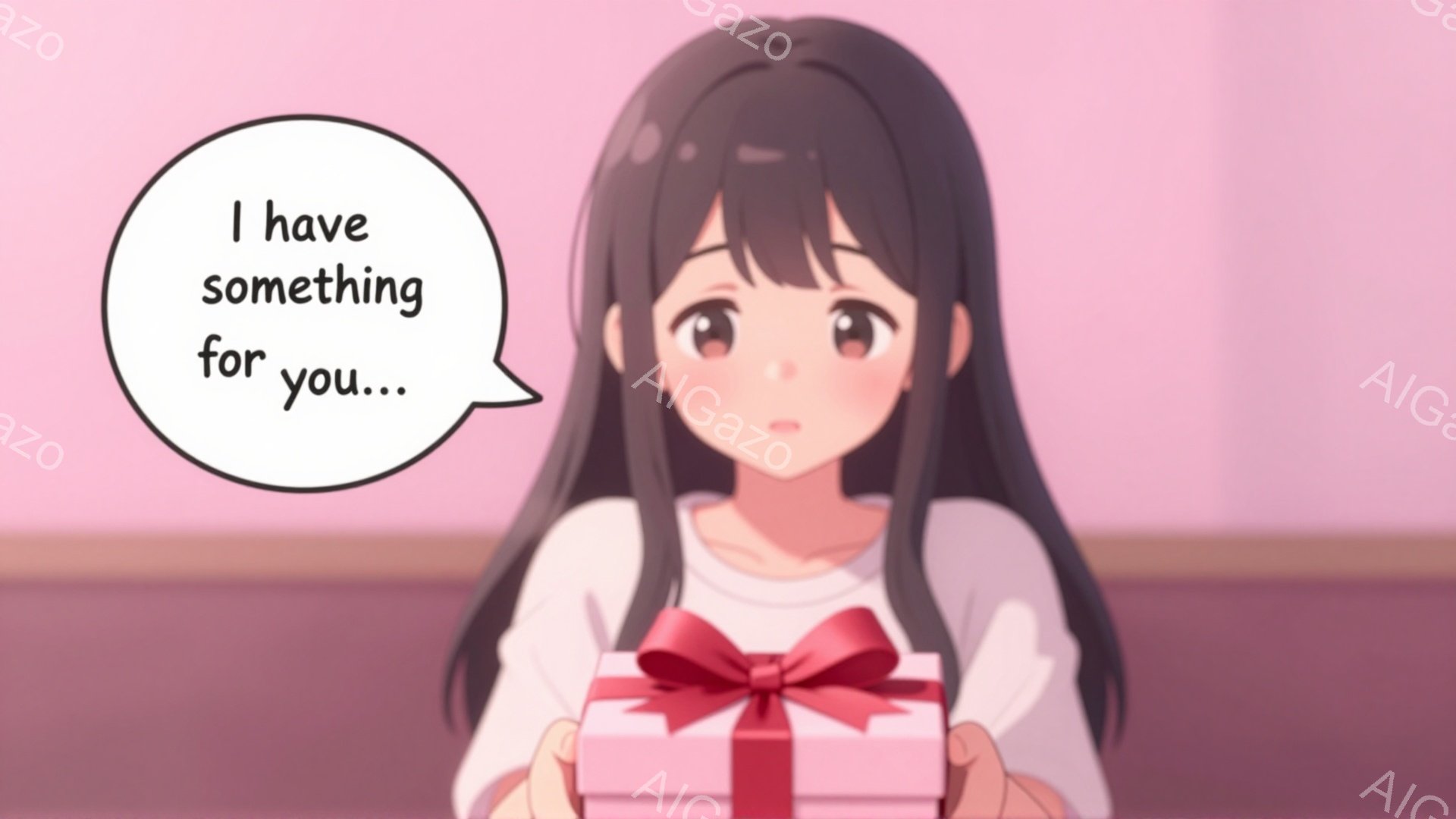 長い黒髪で、前髪が眉毛にかかっています。白いセーターを着ており、ピンク色のリボンが付いたギフトボックスを両手で抱えています。背景は淡いピンク色で、全体的に優しい雰囲気です。 - AI生成フリー素材