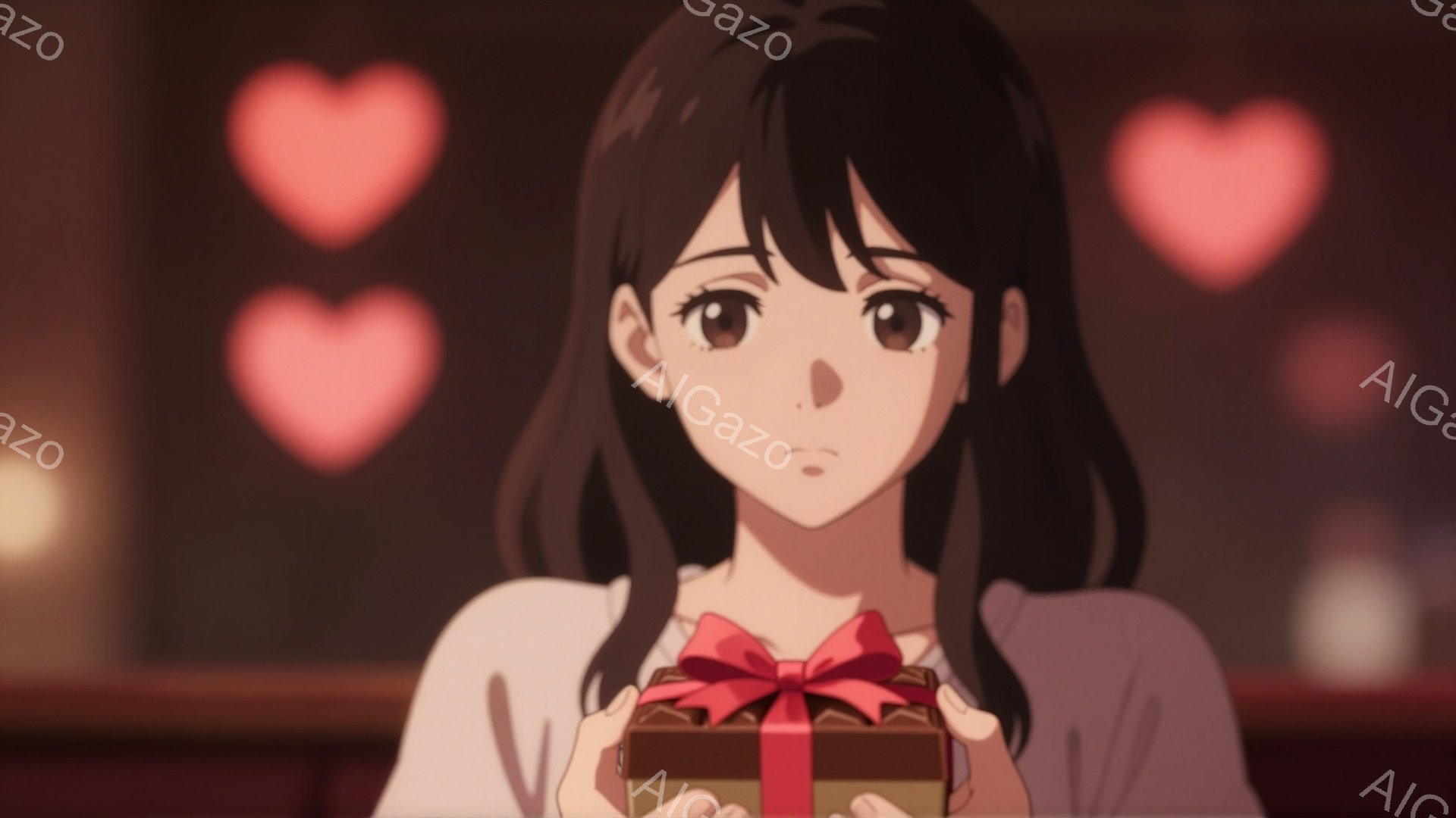 黒髪の女性が白いブラウスを着て、赤いリボンで飾られた茶色の箱を両手で抱えています。彼女は少し緊張した表情で、視線は箱に向けられています。背景にはぼやけた赤いハートがいくつかあり、温かくロマンチックな雰囲気を醸し出しています。
