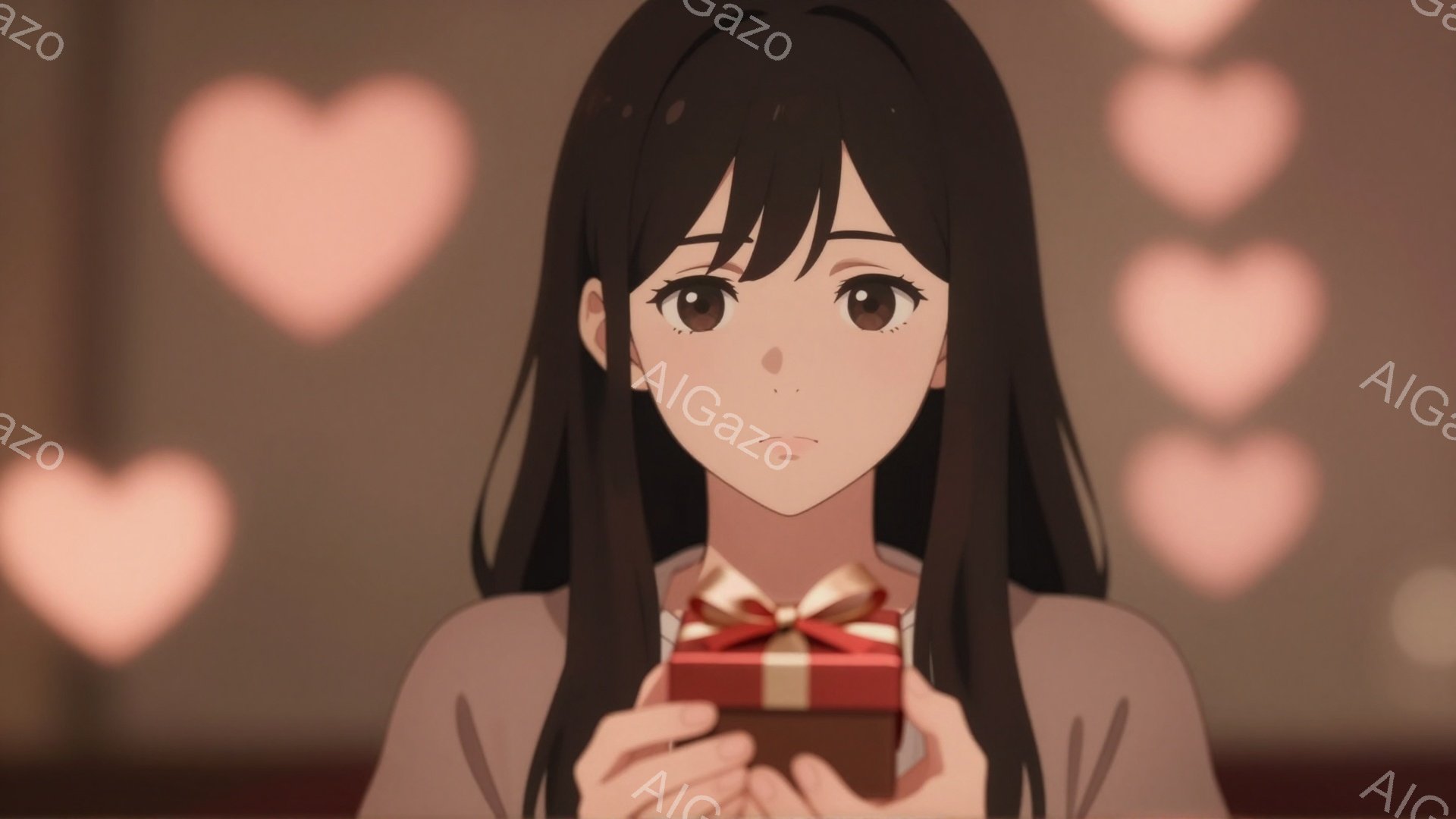 画像は、黒髪の女性が、茶色の小さなギフトボックスを両手で抱えています。彼女はライトグレーのセーターを着ており、表情はやや控えめで、少し微笑んでいるように見えます。背景にはぼやけたピンク色のハートが複数 - AI生成フリー素材