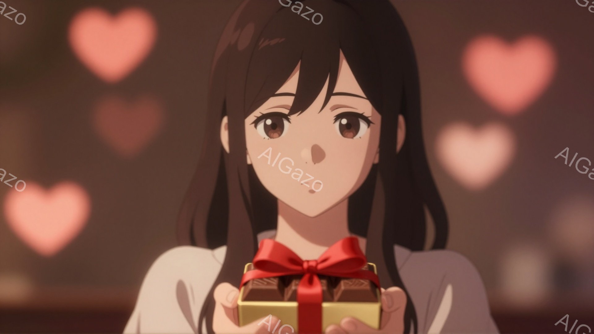 少女は黒髪のボブヘアで、白いセーターを着ています。彼女は両手で赤いリボンで結ばれたチョコレートの箱を持っており、少し照れたような、優しい表情をしています。背景にはぼやけたハート型の光が散りばめられており、温かくロマンチックな雰囲気を醸し出しています。
