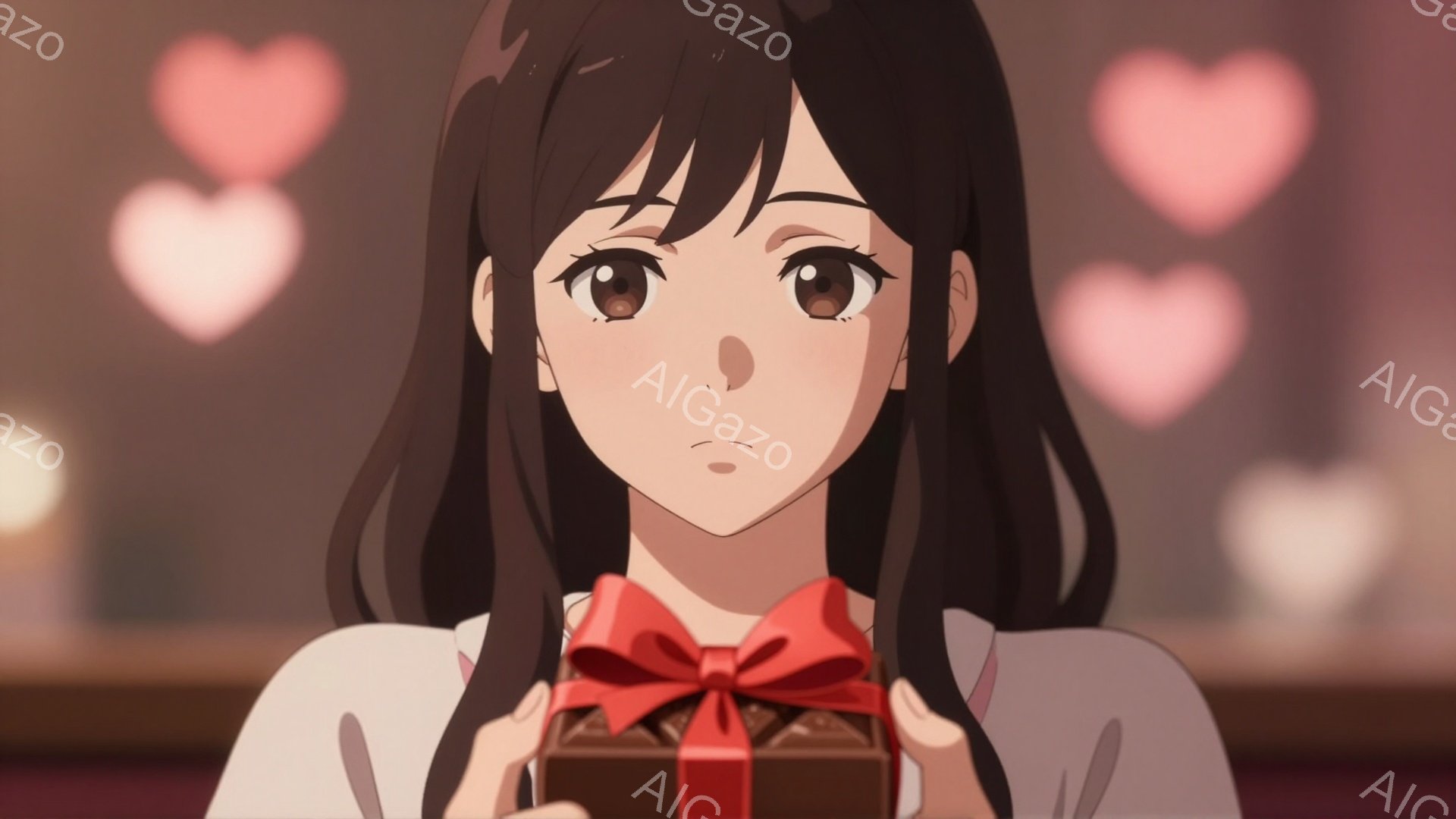 黒髪の女性が、赤いリボンで飾られたチョコレートの箱を両手で抱えています。彼女は白いシャツを着ており、少し緊張したような表情をしています。背景にはぼやけたピンク色のハート型の光が散りばめられており、ロマ - AI生成フリー素材