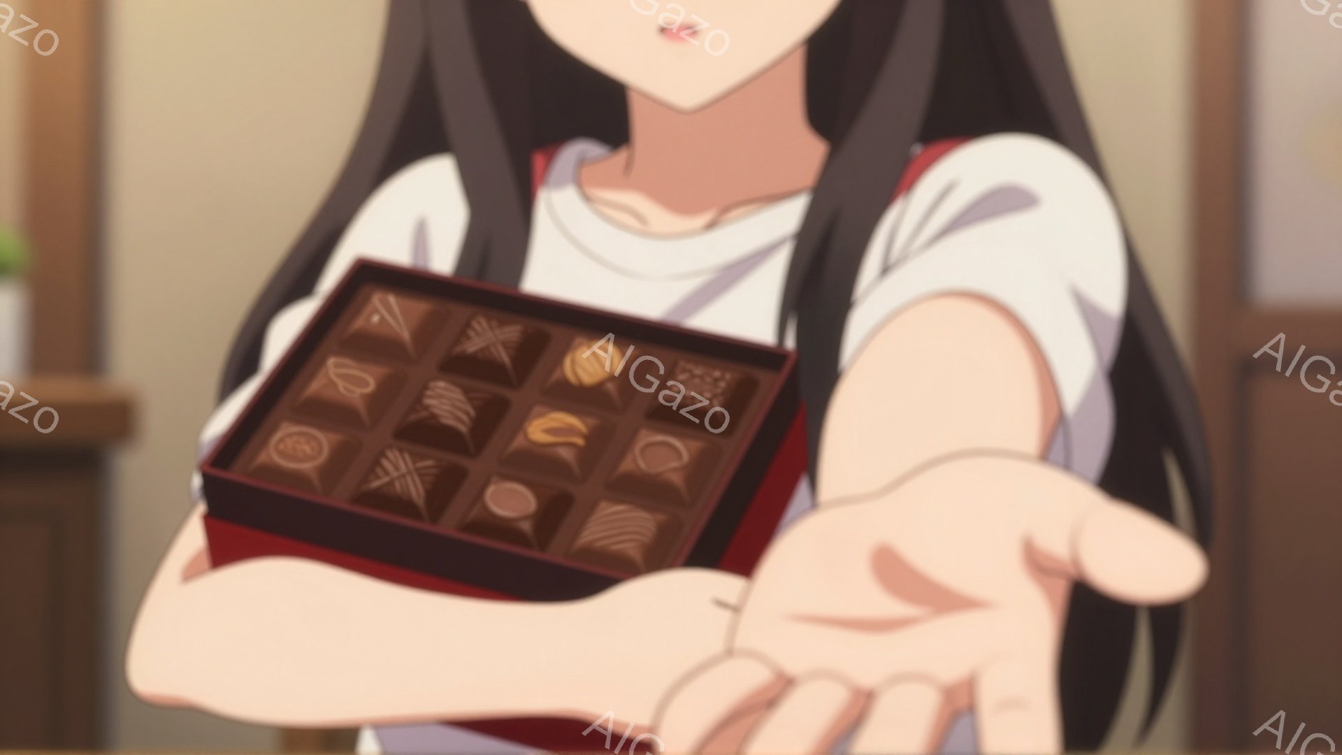 長い黒髪を肩から下で左右に分けている少女が、赤い箱に入ったチョコレートを差し出している。彼女は白いシャツに赤いリボンをつけた服装で、少し恥ずかしそうな表情をしている。背景はぼかされているが、木製の家具が見え、温かみのある家庭的な雰囲気を感じさせる。
