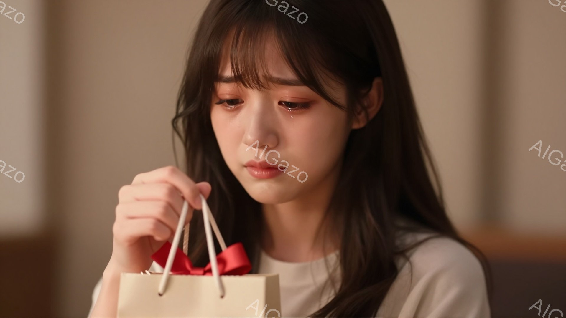 長いダークブラウンの髪を耳にかかった状態で、白いトップスを着た若い女性が写っている。彼女は少し悲しそうな表情で、赤いリボンと白い持ち手が付いた紙袋を持っている。背景はぼやけており、暖色系の室内であることがわかる。