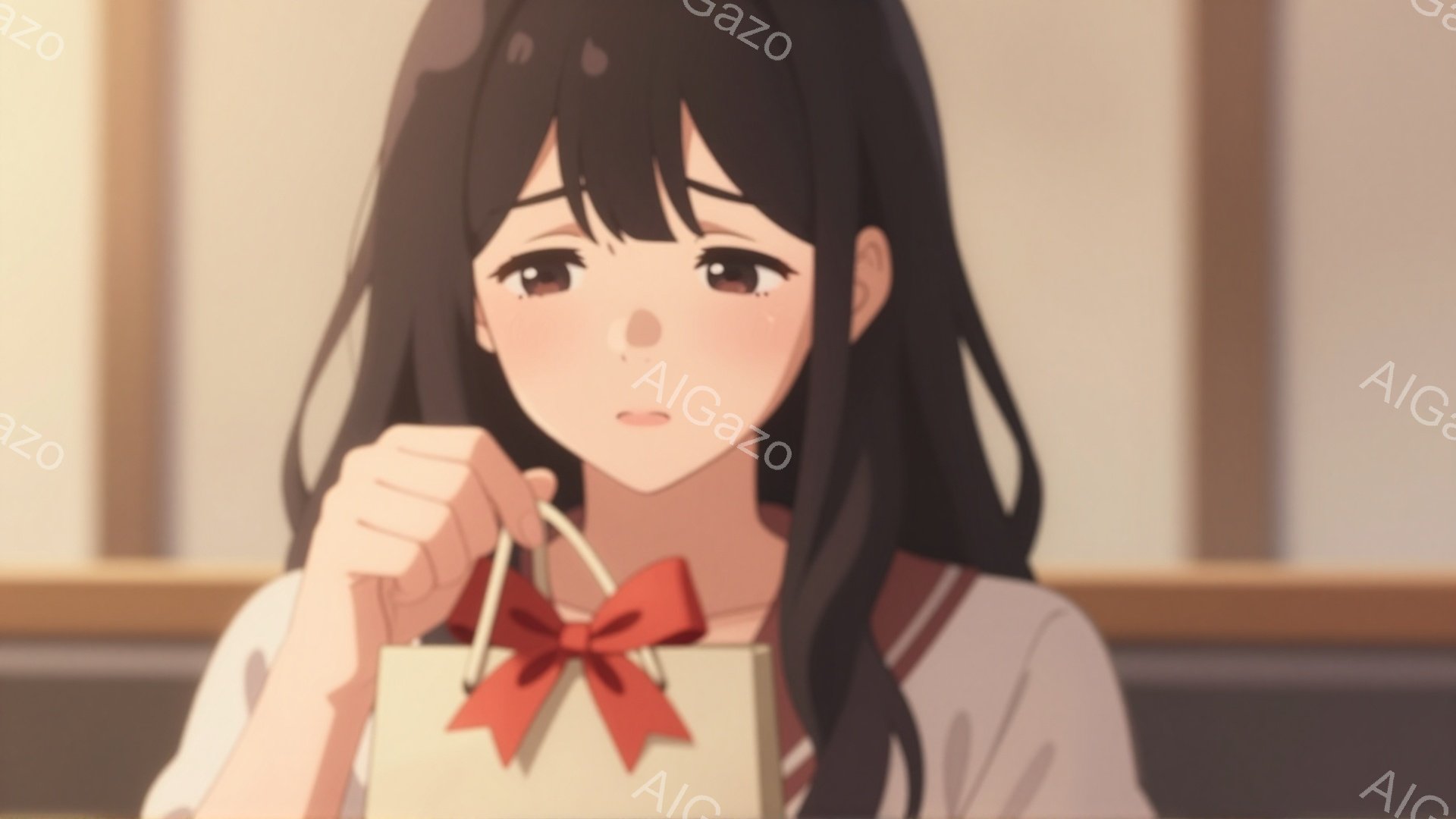 黒髪の少女が描かれており、前髪は眉毛にかかるように切り揃えられています。白いセーラー服を着ており、赤いリボンがアクセントになっています。彼女は茶色のショッピングバッグを両手で握っており、やや緊張した表情をしています。